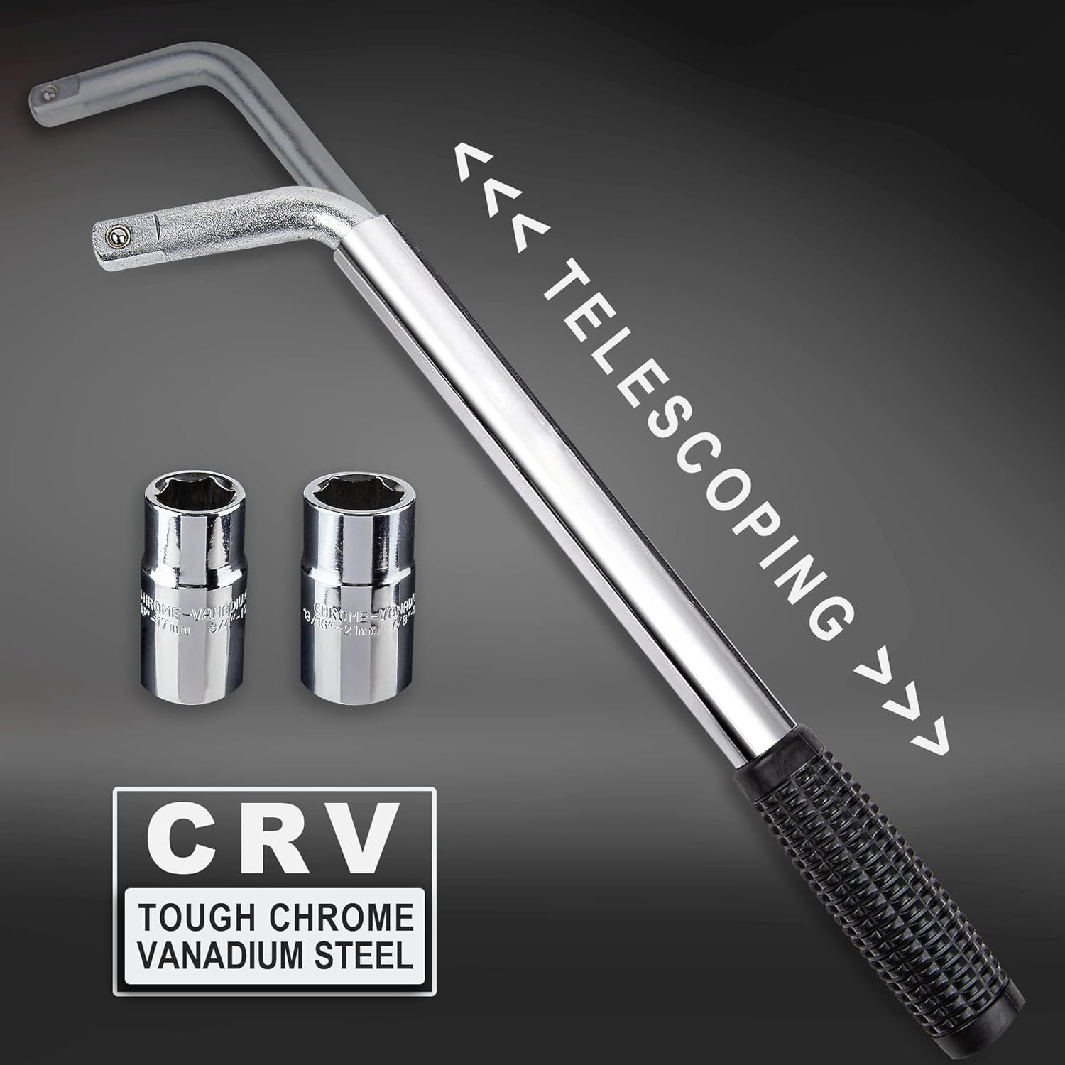 Telescoping Lug Wrench with 17/19 & 21/22mm CR-V Sockets – 21 Inch Extendable