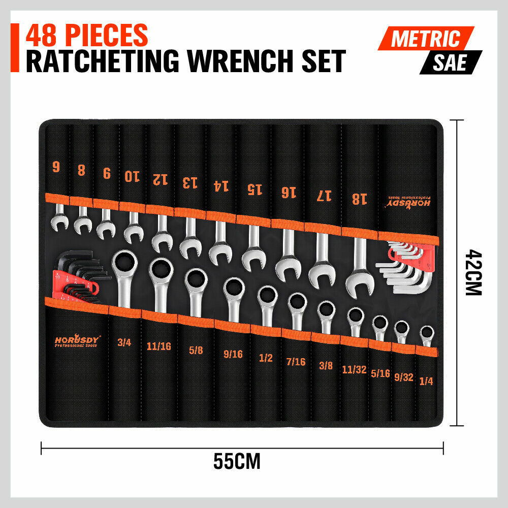 48Pcs Ratchet Spanner & Hex Wrench Set Ball End Allen Key SAE Metric Carry Pouch