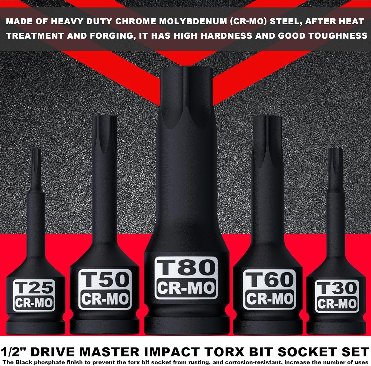 1/2″ Drive Master Impact Torx Bit Socket Set, 10-Pieces: T25 – T80, Cr-Mo Steel