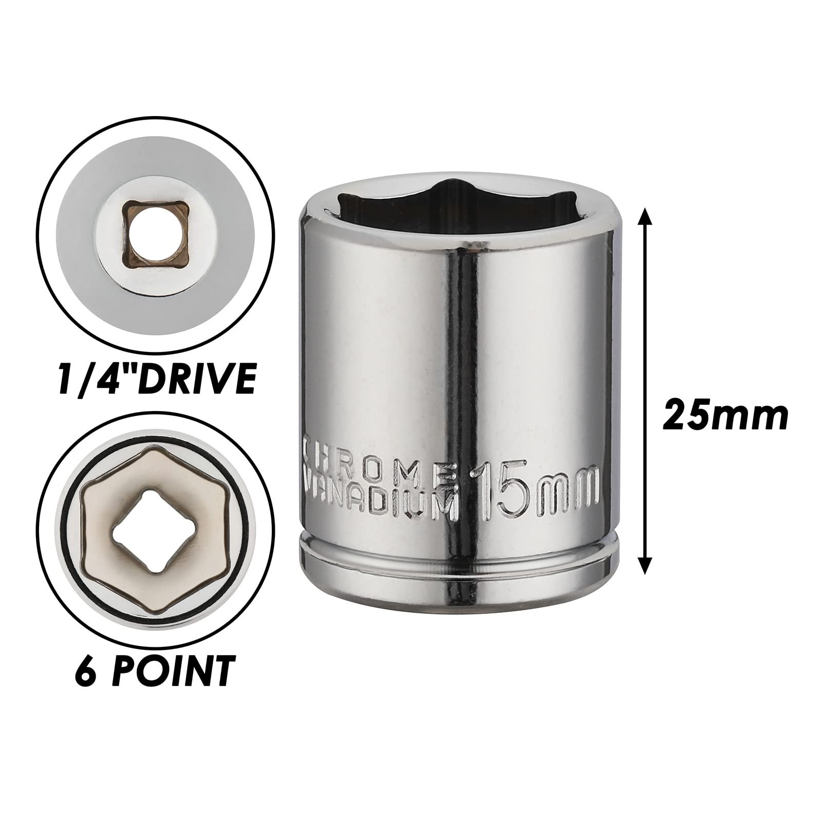 4PCS 1/4″ Drive 15mm Deep & Shallow Socket Set, 6 Point Cr-V Steel Tools