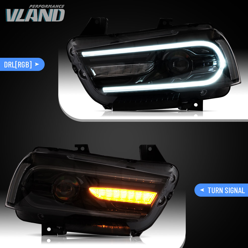 VLAND Headlights w/RGB DRL Sequential Turn+LED Bulbs For Dodge Charger 2011-2014