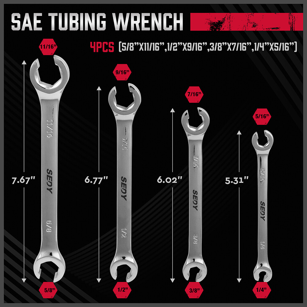 4PC Flare Nut Wrenches Fully Polished SAE Inch Brake Line Offset Head with Pouch