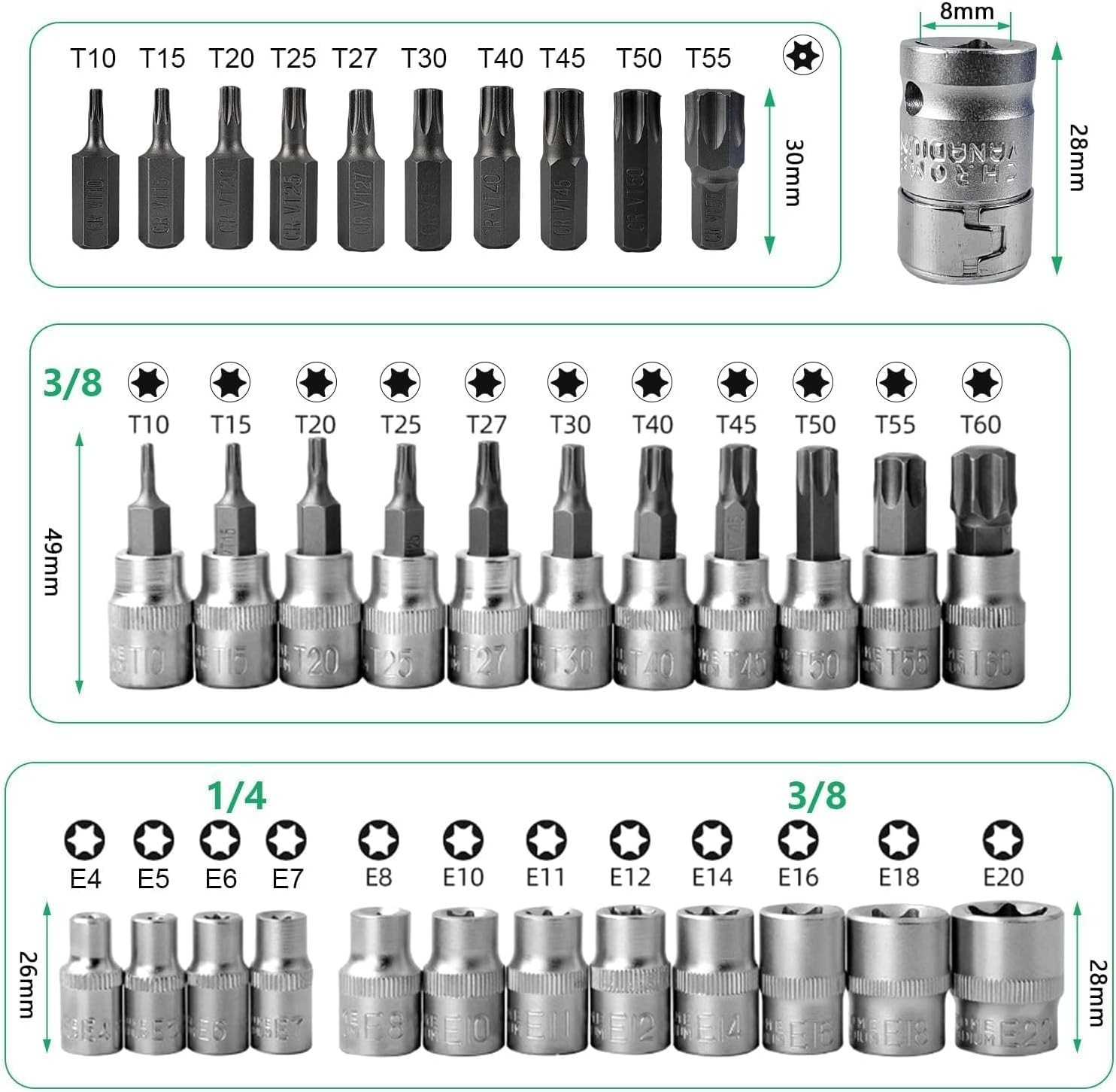 34pcs Torx Star Socket & Bit Set Male Female E & T Sockets Torx Bits with Case