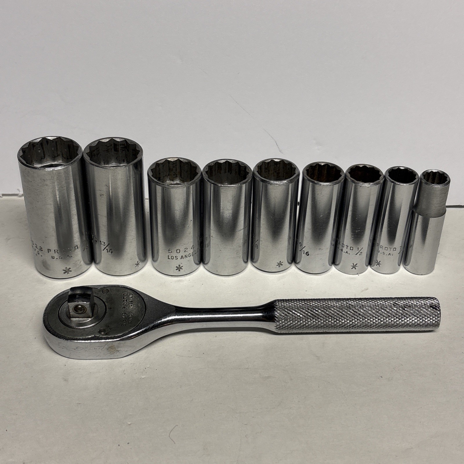 PROTO 3/8” Ratchet No. 5249 & PROTO 9 Piece 3/8” Drive Deep 12pt. Sockets U.S.A.