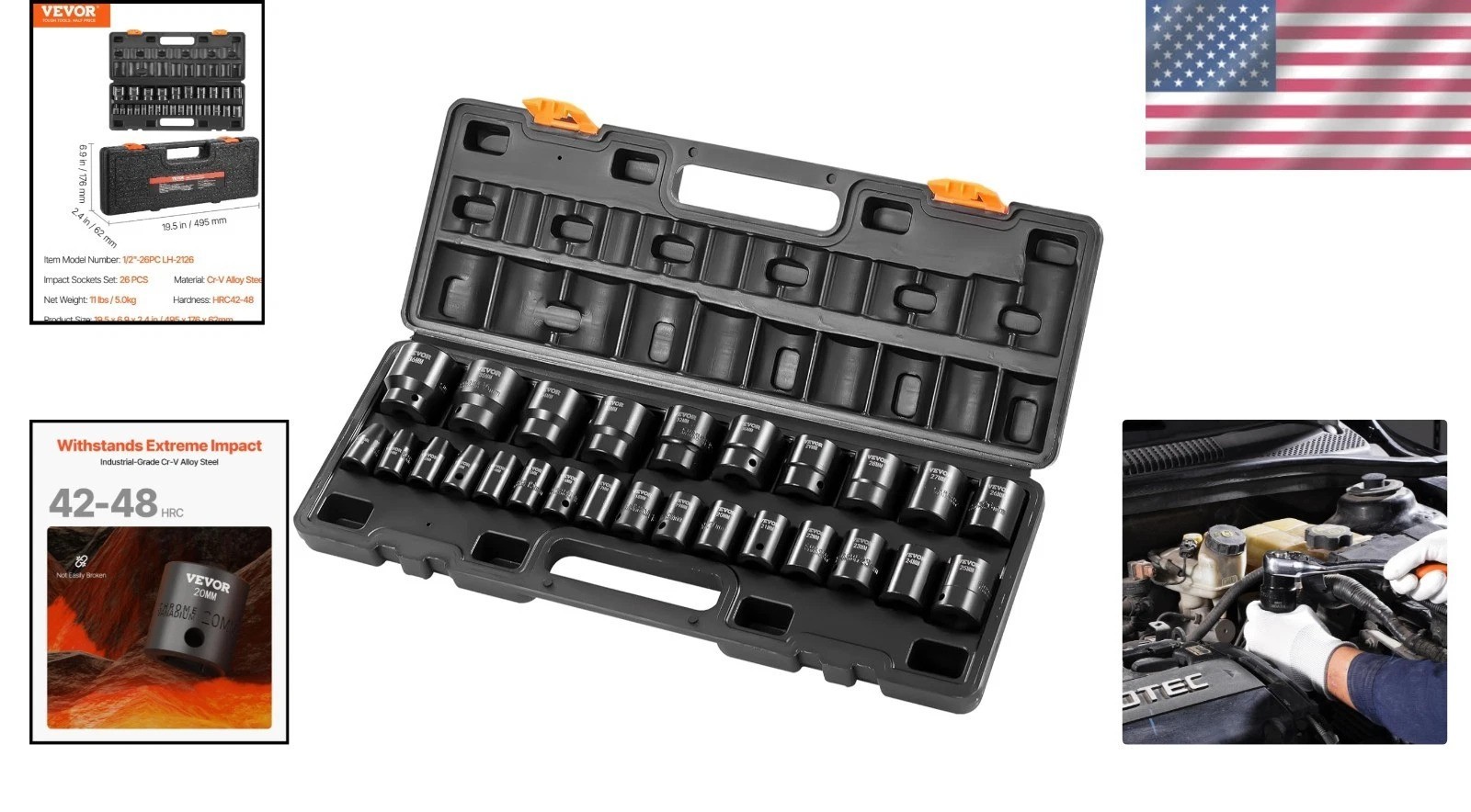 Compact 1/2″ Drive Impact Socket Set – 26-Piece Metric Set with 6-Point Design
