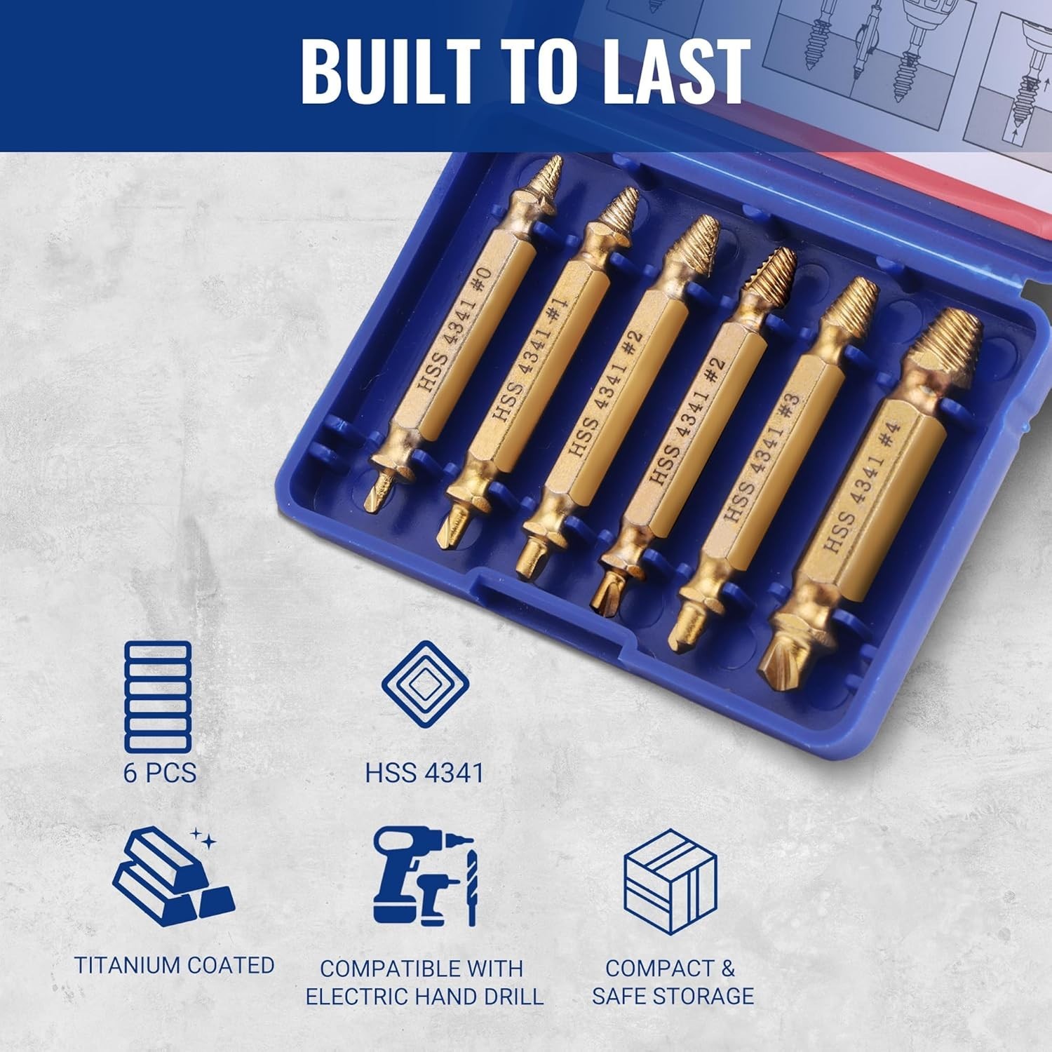 6-Piece Titanium Coated Screw Extractor Set with Portable Case