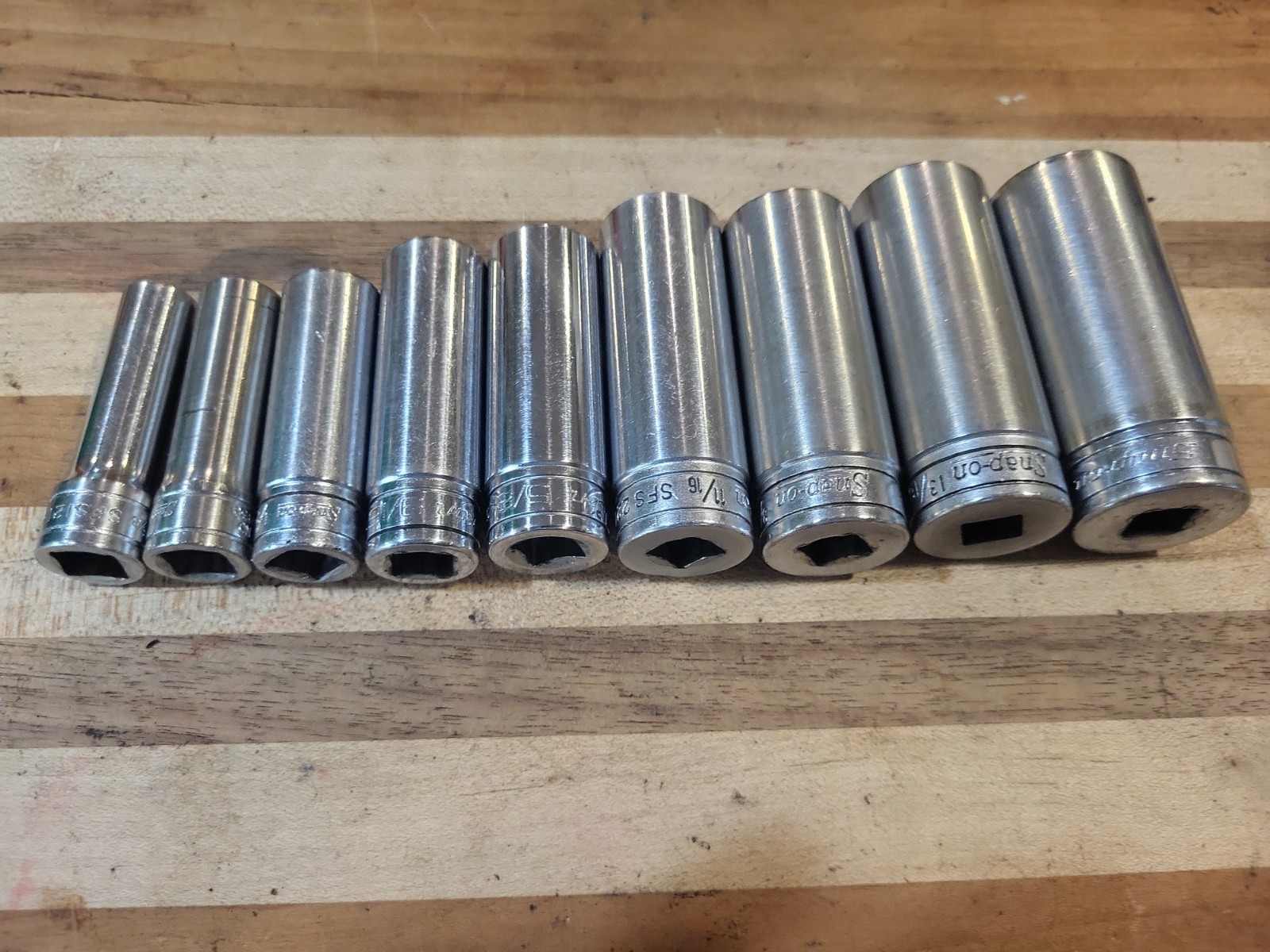 Snap-On 9 Pc. 3/8″ Dr. 6 Pt. SAE Deep Socket Set 209SFS 3/8″-7/8″ GUC 🔥 🇺🇸