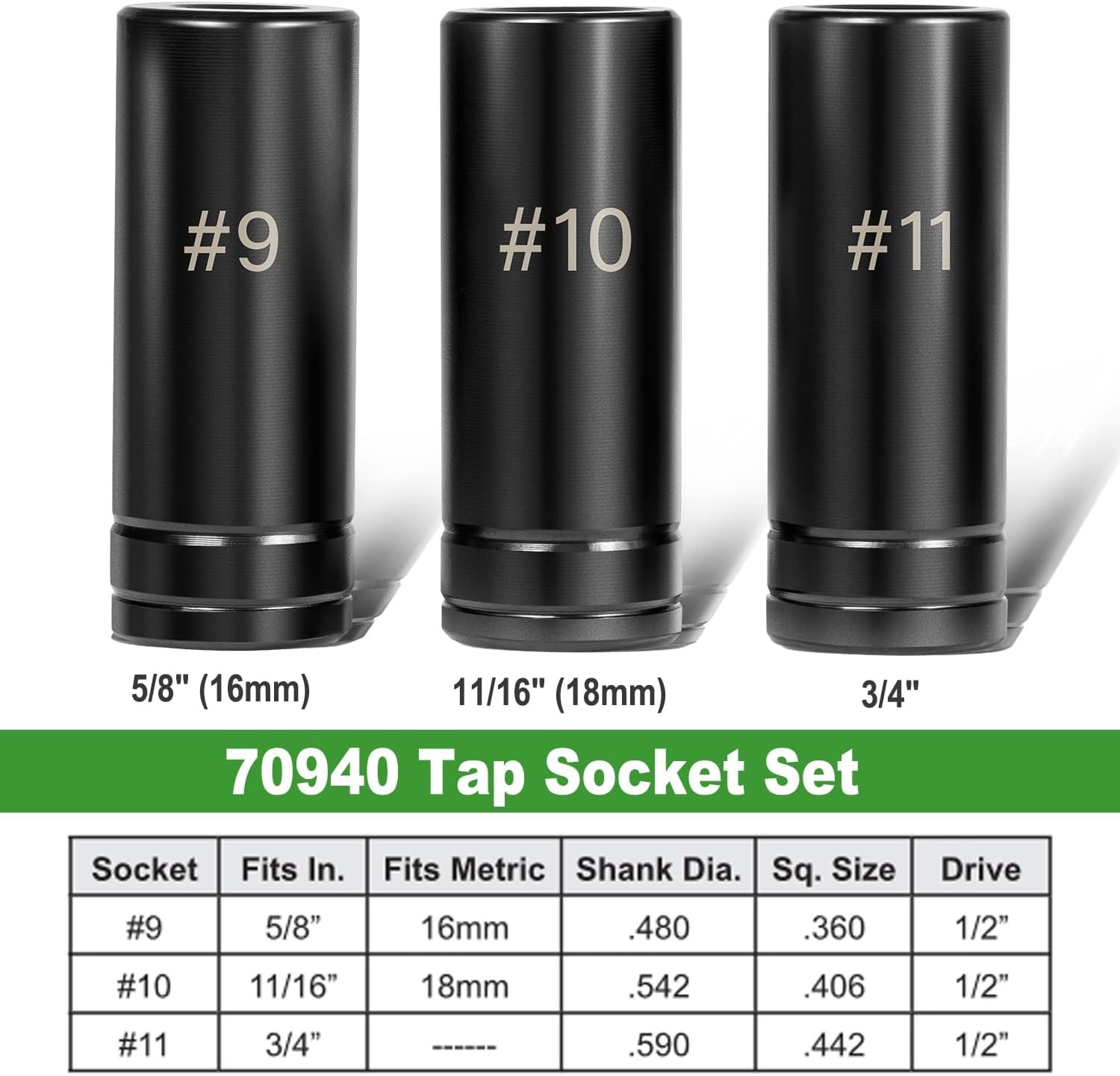 70940 3-Piece Tap Socket Set Tap Socket Wrench #9 10 11 Tap Sockets