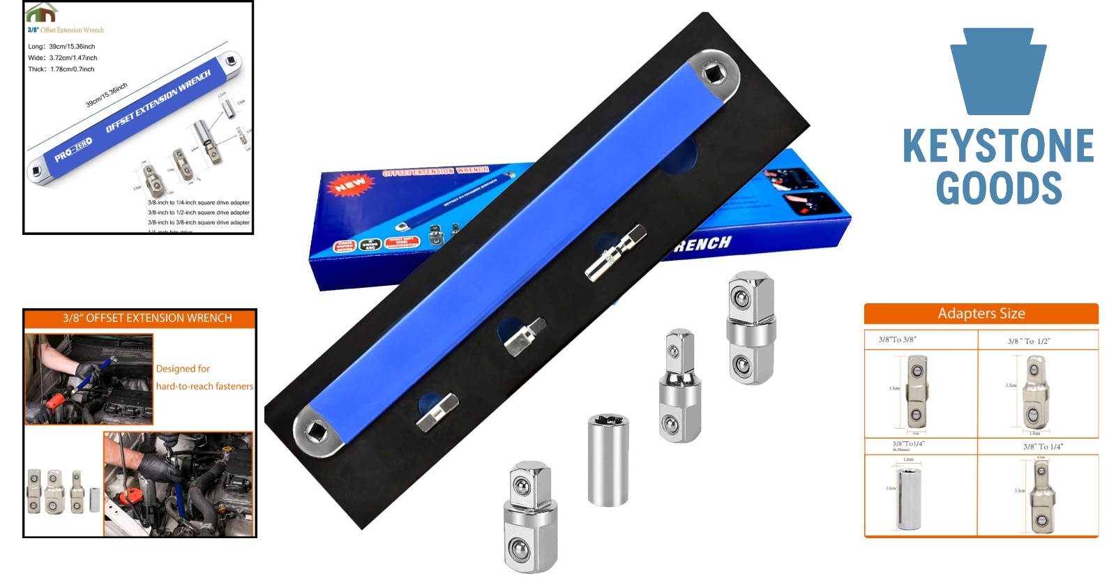 Blue Offset Extension Wrench Set – 1/4″ & 3/8″ Versatile with 1/2″ Drive, 15….