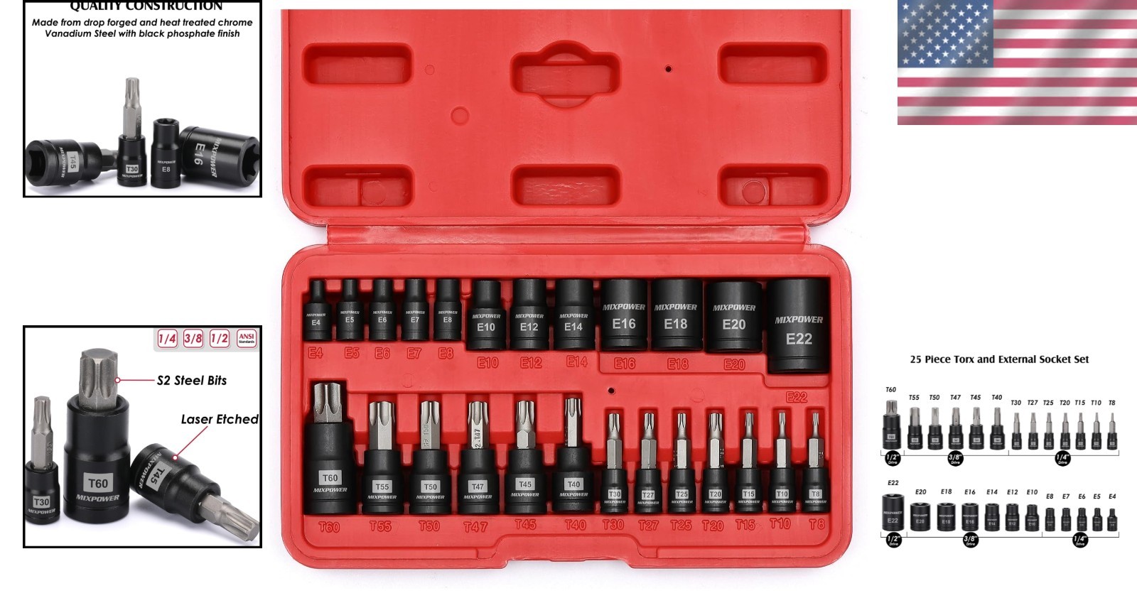 Complete 25-Piece Torx Bit and E-Socket Set – ANSI Compliant Mechanic Tools