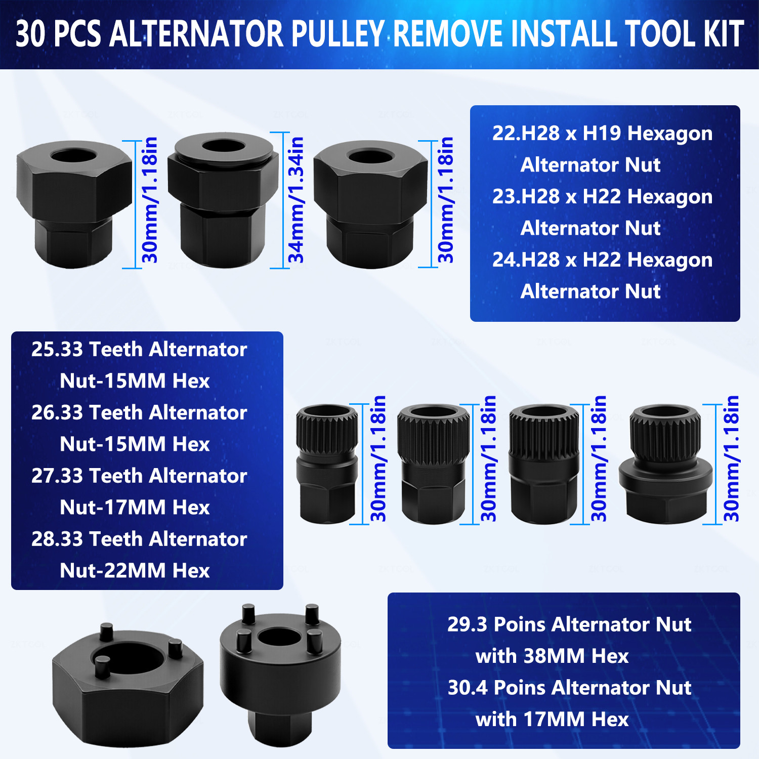 ZKTOOL 30PCS Automotive Alternator Pulley Removal Tool Kit