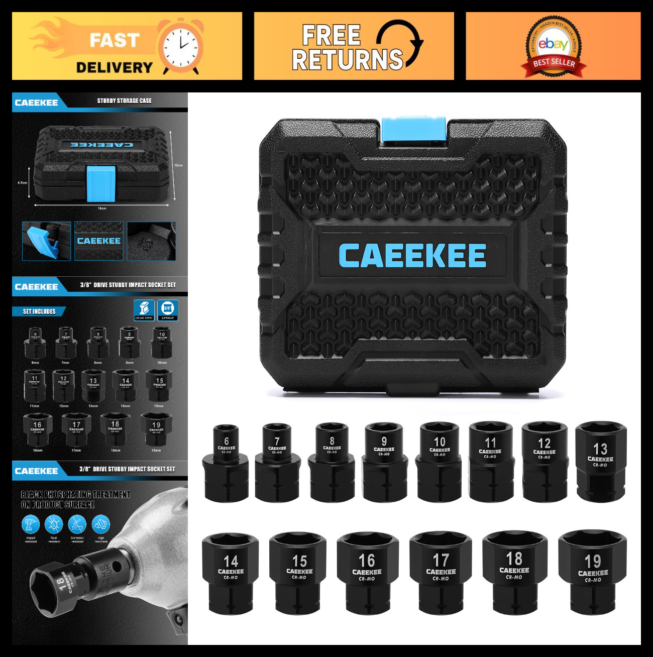 14-Piece Low Profile Nano Impact Socket Set 3/8″ Drive, 6-19mm, Cr-Mo, Stubby 6-