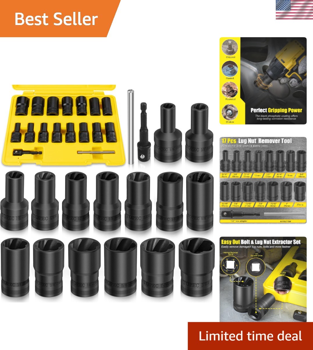 17Pcs Lug Nut Extractor Set 1/2″ Drive Deep Bolt Remover Kit for Stripped Bolts