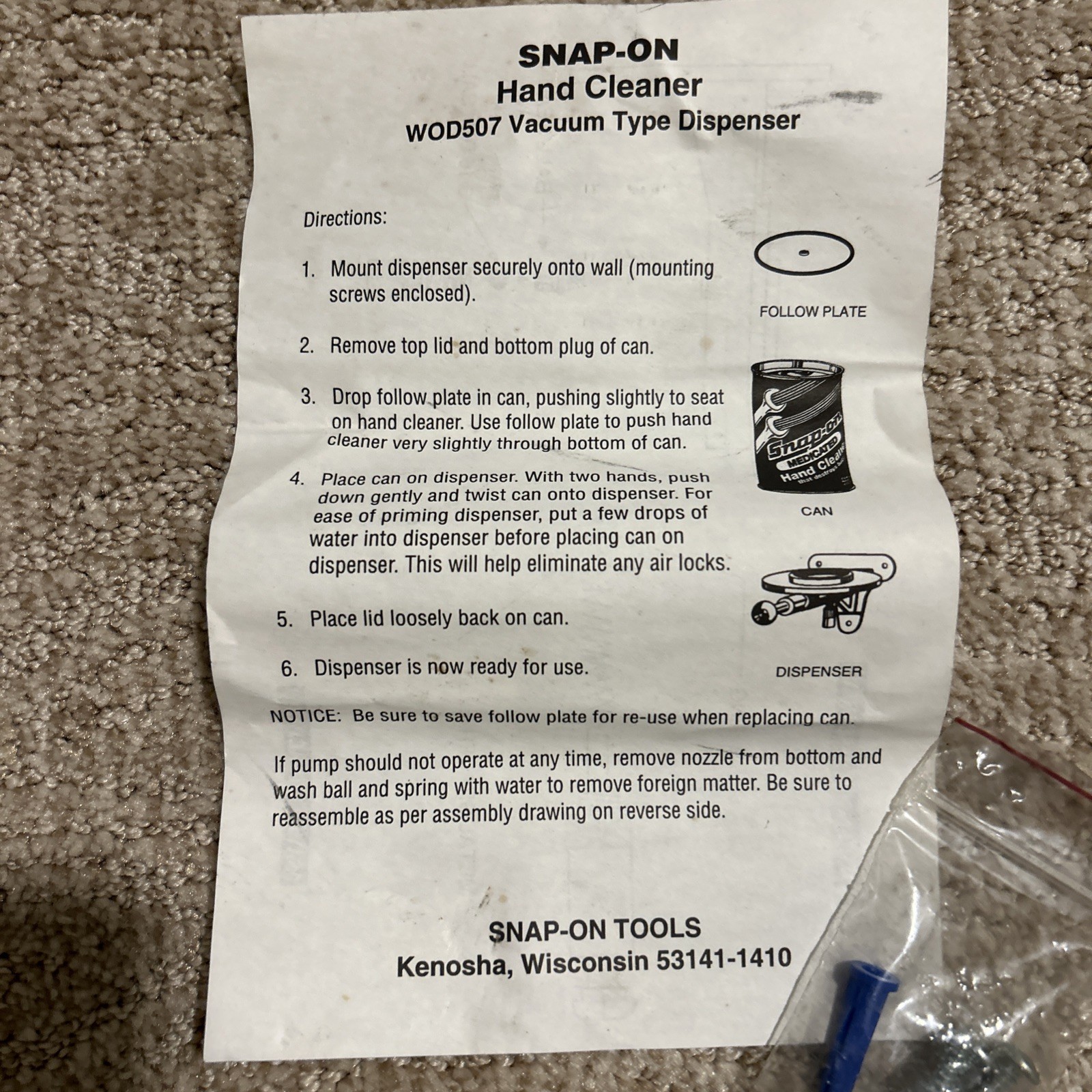 Snap On Hand Cleaner Dispenser. N. O. S