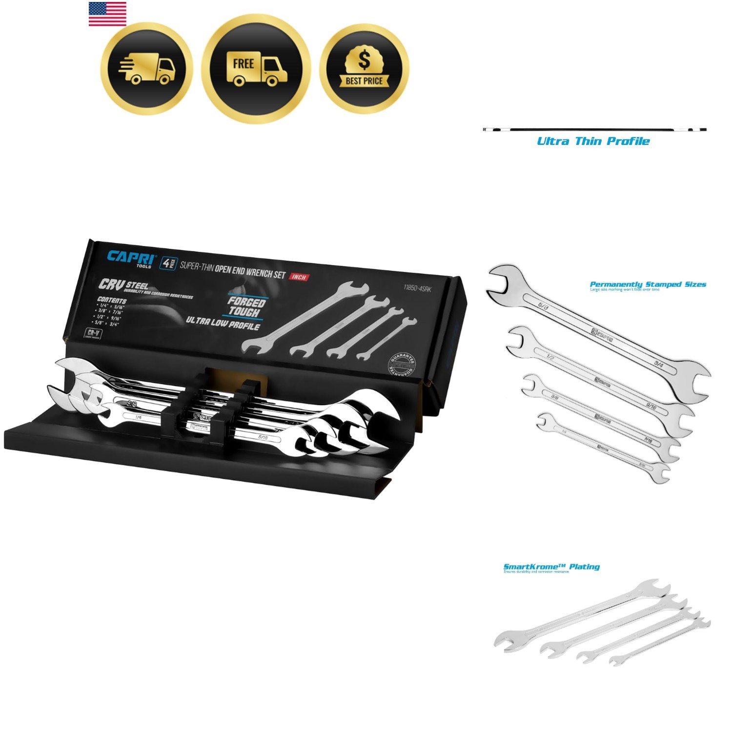 Super-Thin Open End Wrench Set, SAE, 1/4 to 3/4 in, 4-Piece
