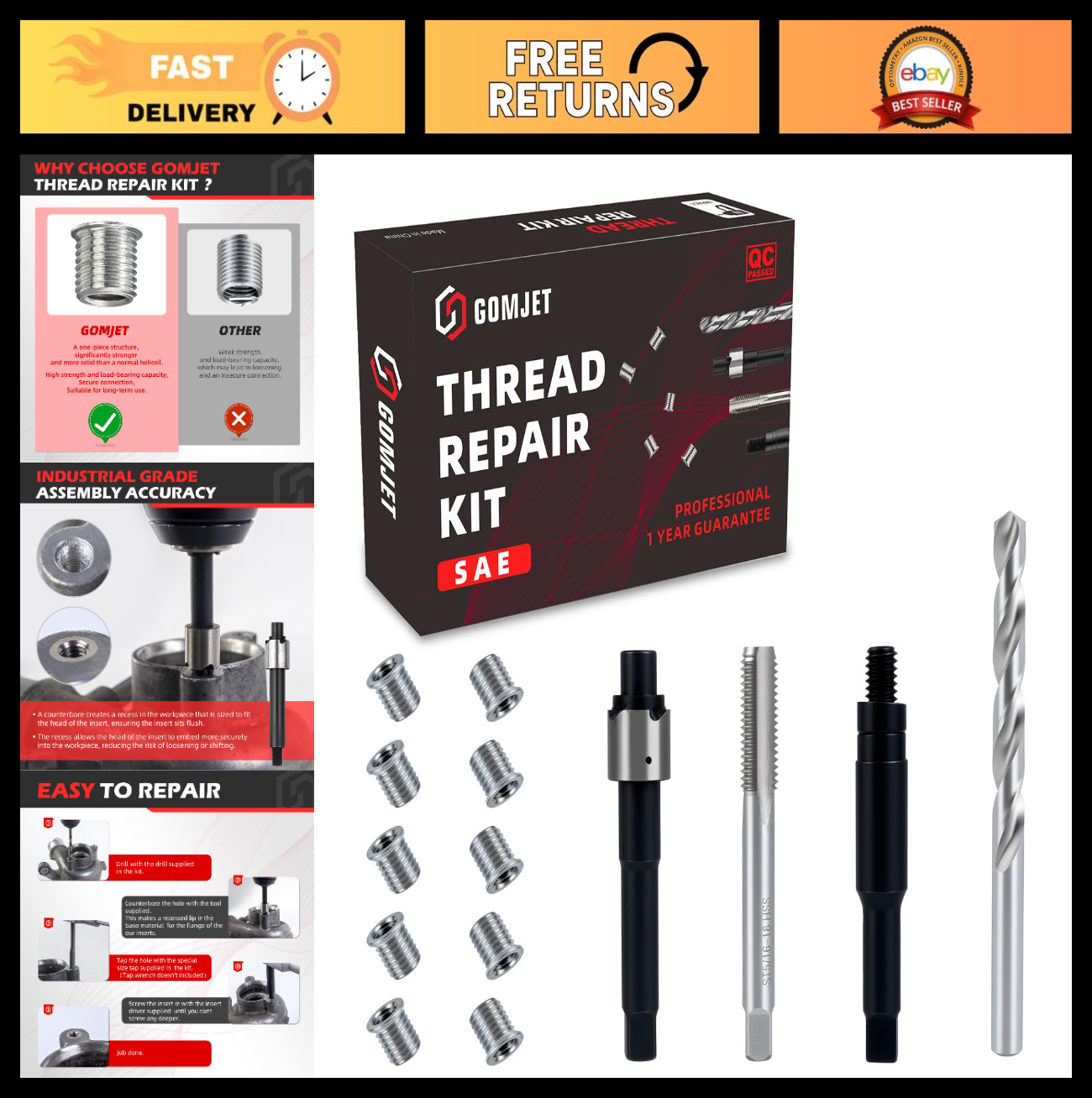5/16-18 Thread Repair Kit – 10 Stainless Steel Inserts, 0.450 Inch Length