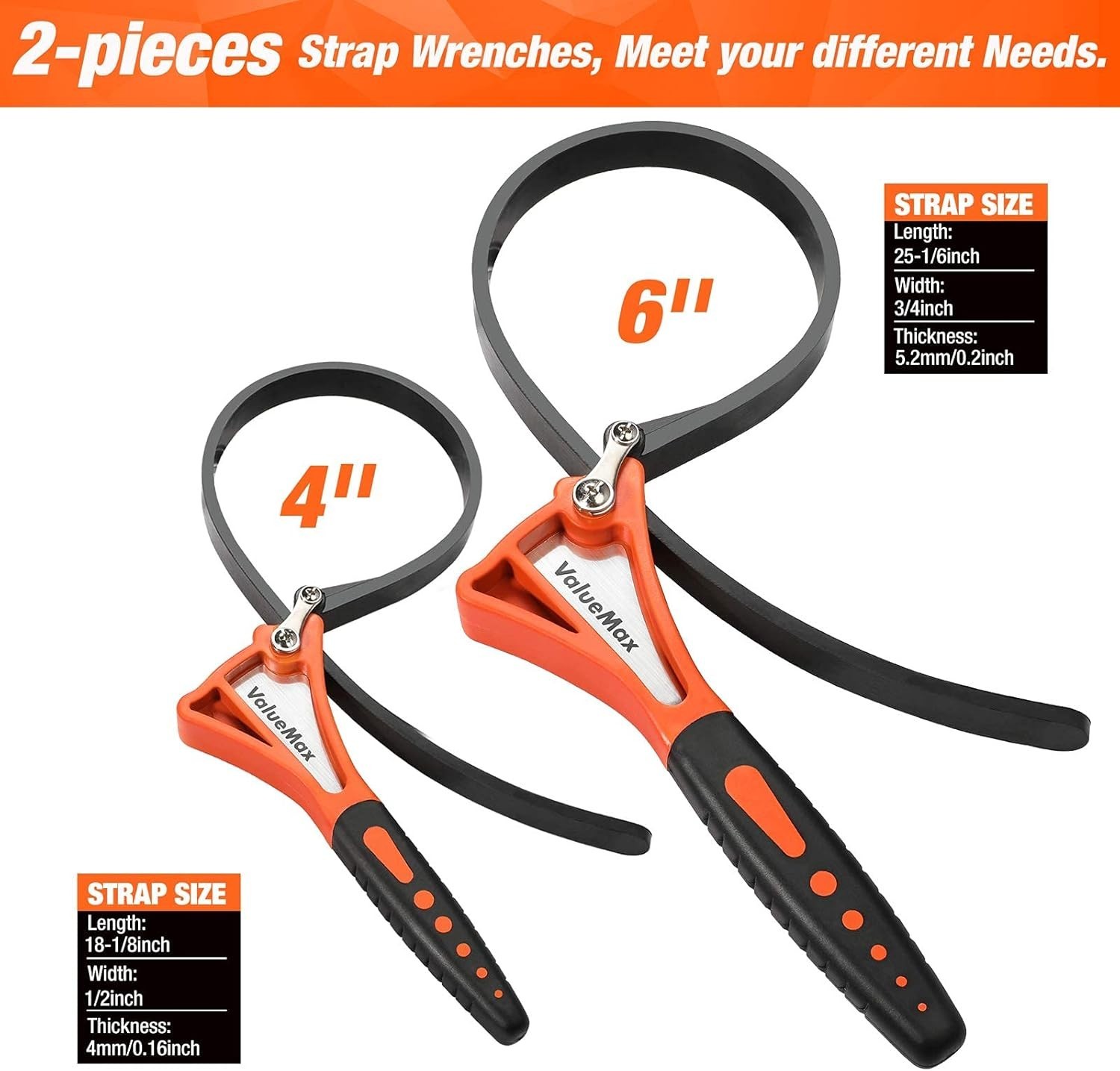 2-piece Strap Wrench Set, Adjustable Oil Filter Wrench with Max Diameter 4″ S…