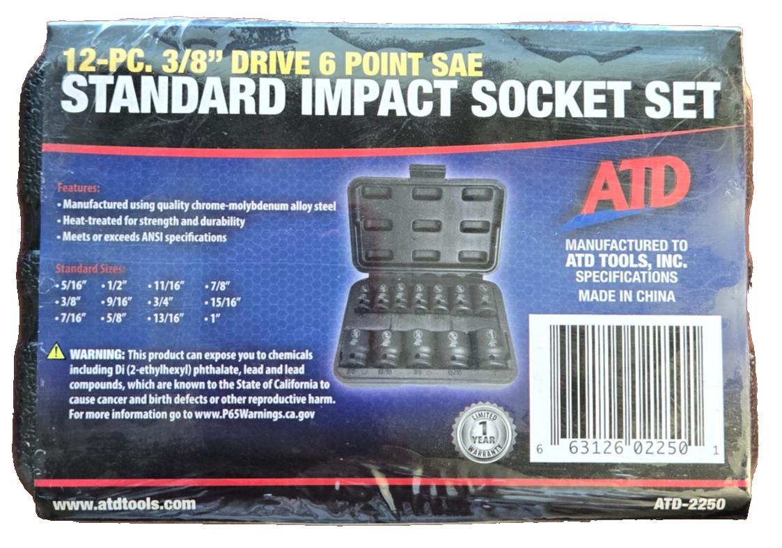 ATD-2250 – 12 Pc. 3/8″ Drive 6 Point SAE Standard Impact Socket Set