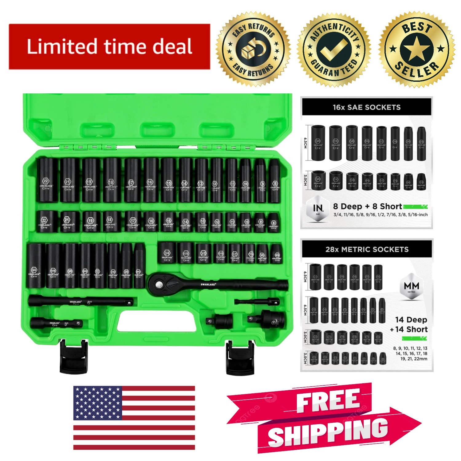 Swanlake 50-Piece Impact Socket Set, Chrome Vanadium, SAE & Metric Sizes