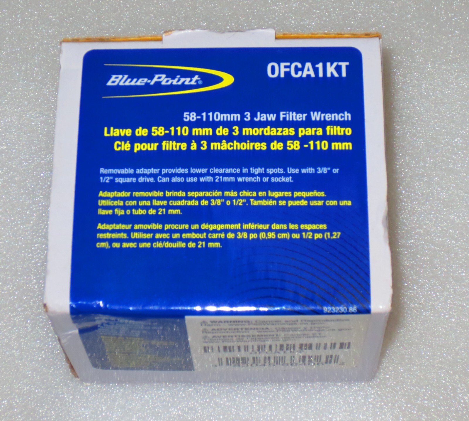 NEW SNAP-ON Blue-Point 3 JAW OIL FILTER WRENCH 58mm – 110mm OFCA1KT with ADAPTOR