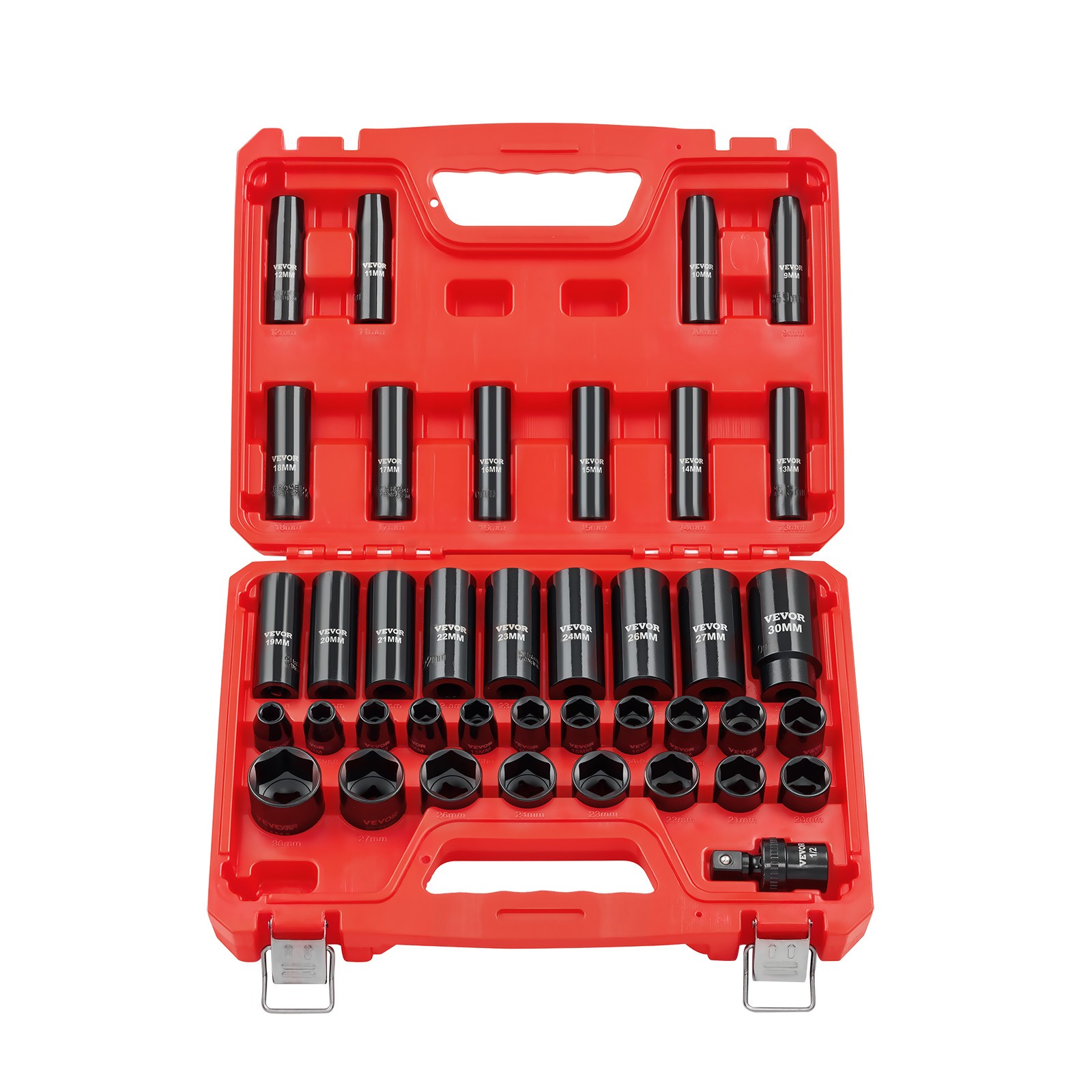 VEVOR 1/2 in Drive Impact Socket Set 39 Pcs Deep Shallow Sockets Metric 9-30 mm