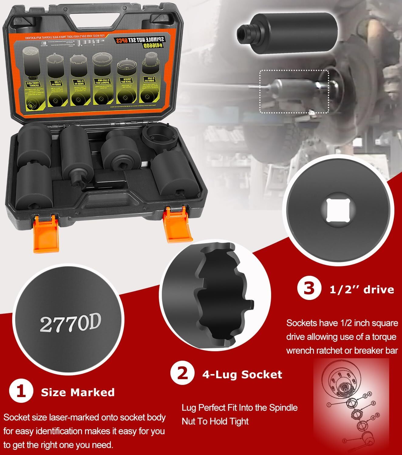 6 Pack 41660D Spindle Nut Socket Set Fit for Ford Dana 44 50 80, F-series Trucks