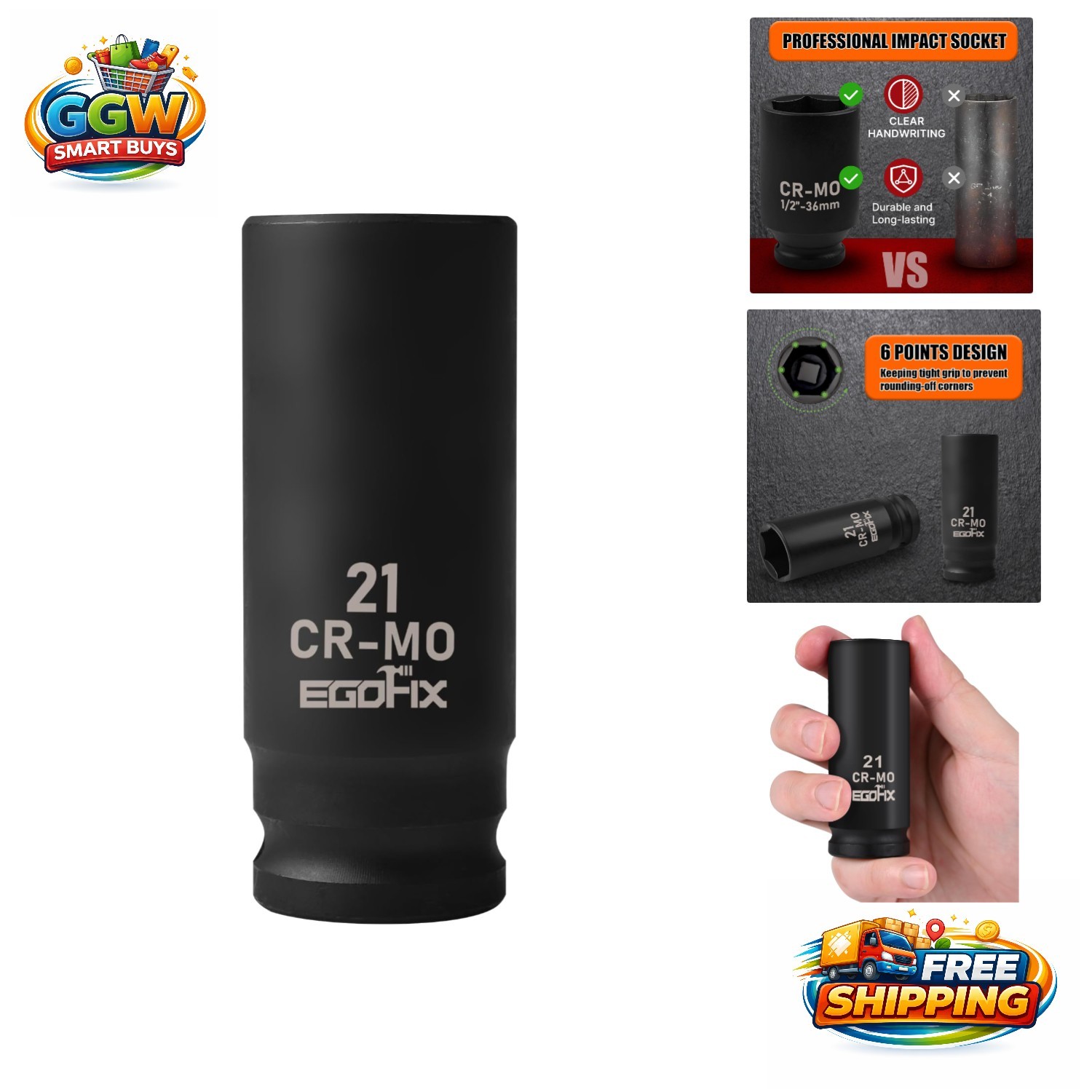1/2-Inch Drive 21mm Deep Impact Socket – Heavy-Duty CR-MO with Laser Markings