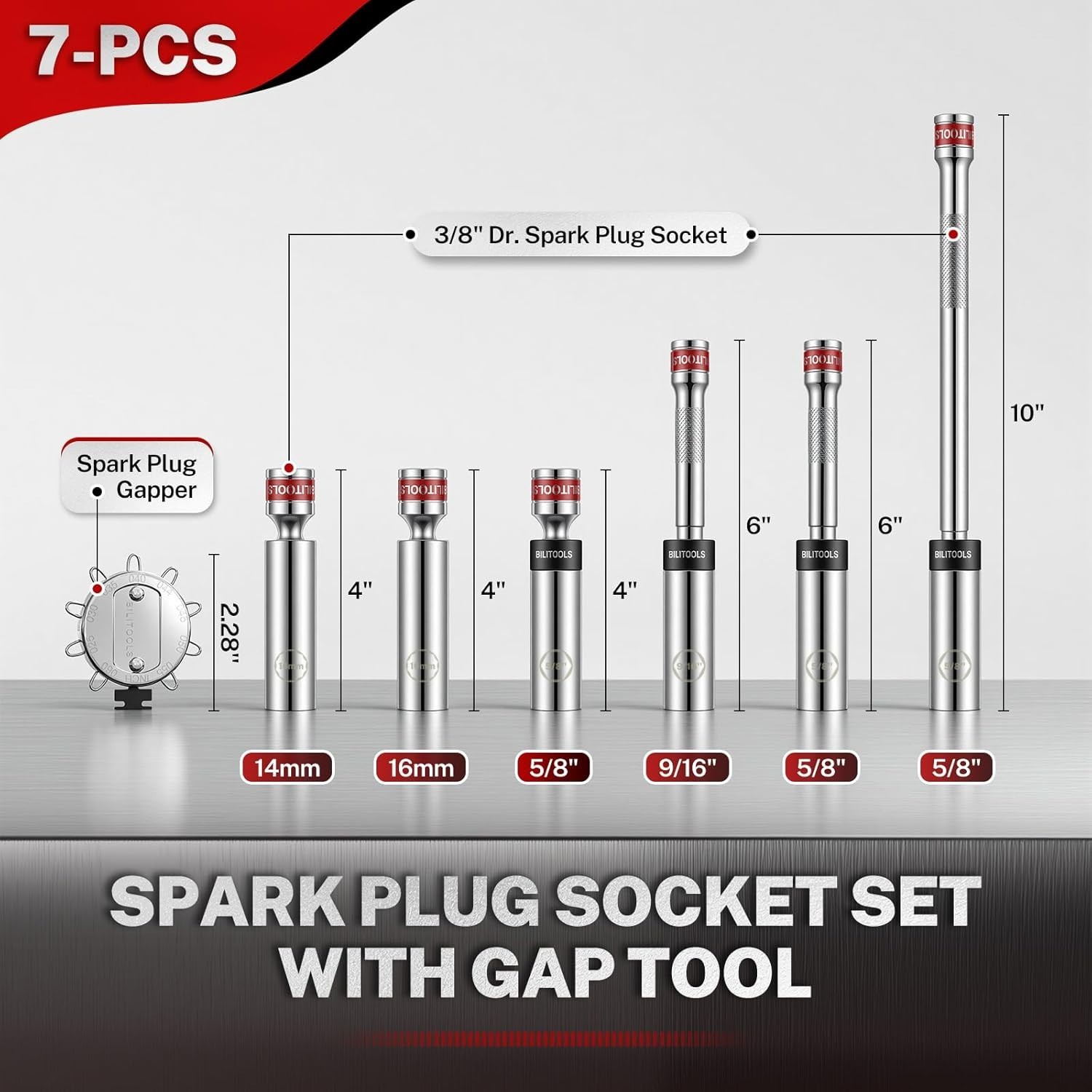 7 Piece Magnetic Swivel Spark Plug Socket Set with Gap Tool, 3/8-Inch Drive, …