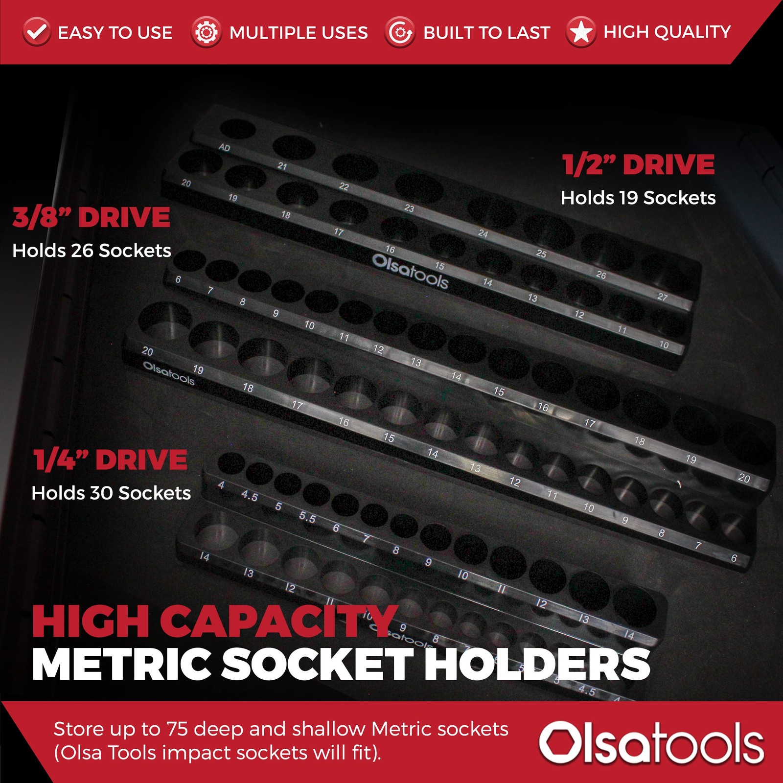 Olsa Tools 3 Piece Set – 1/4-Inch, 3/8-Inch, & 1/2-Inch Drive, Black, Metric