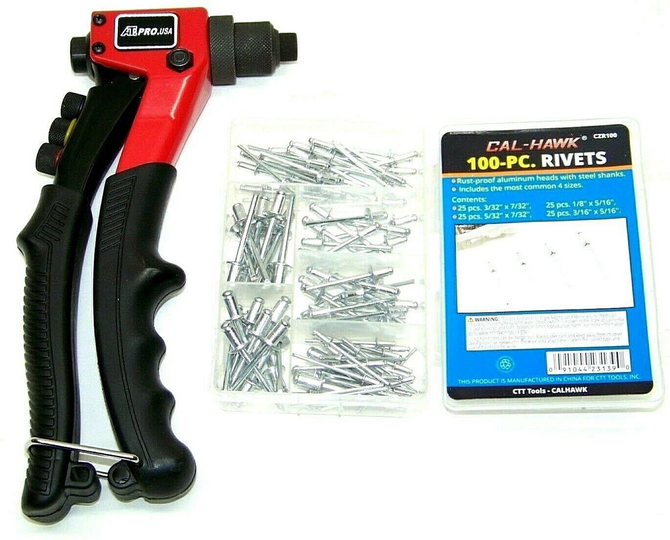 8″ Hand Rivet Gun Pop Riveter Aluminum W/ 100 Rivets 3/32″ 1/8″ 5/32″ 3/16″ H-D