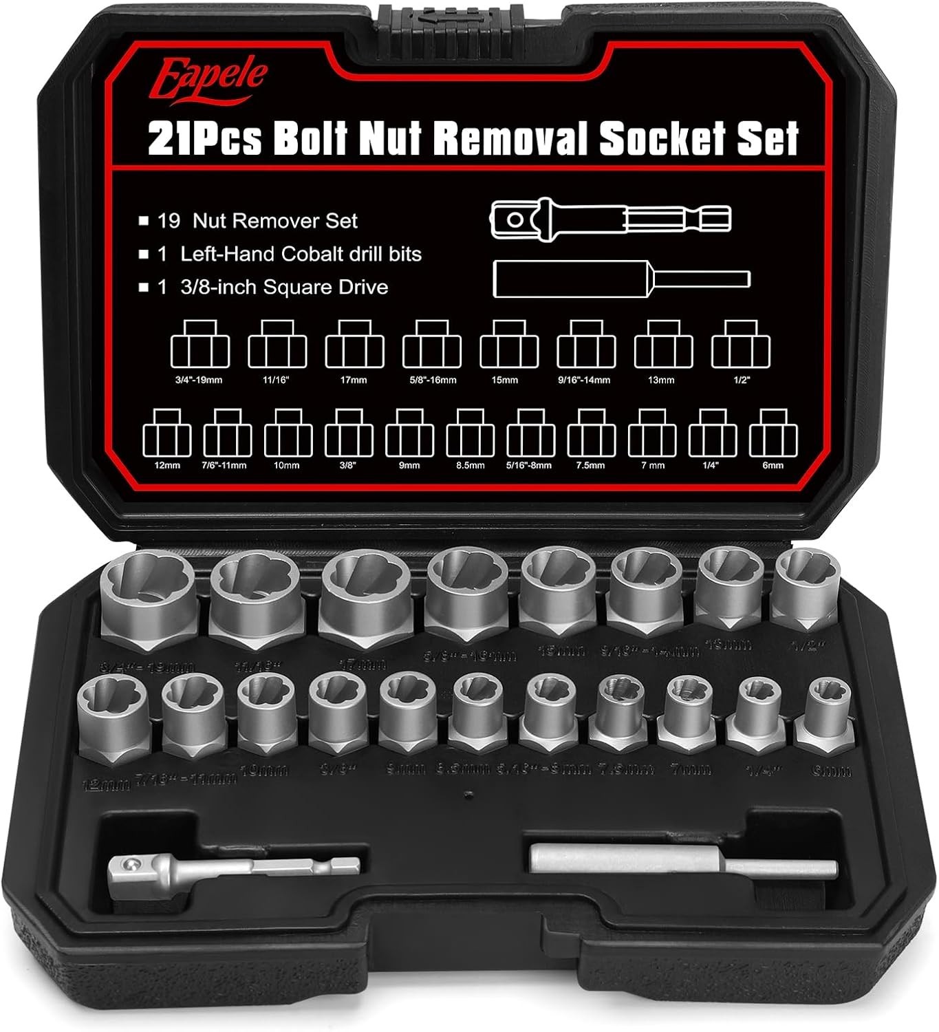 Portable Bolt Extractor Set: 21pcs Chrome Steel for Rusted & Stripped Fasteners