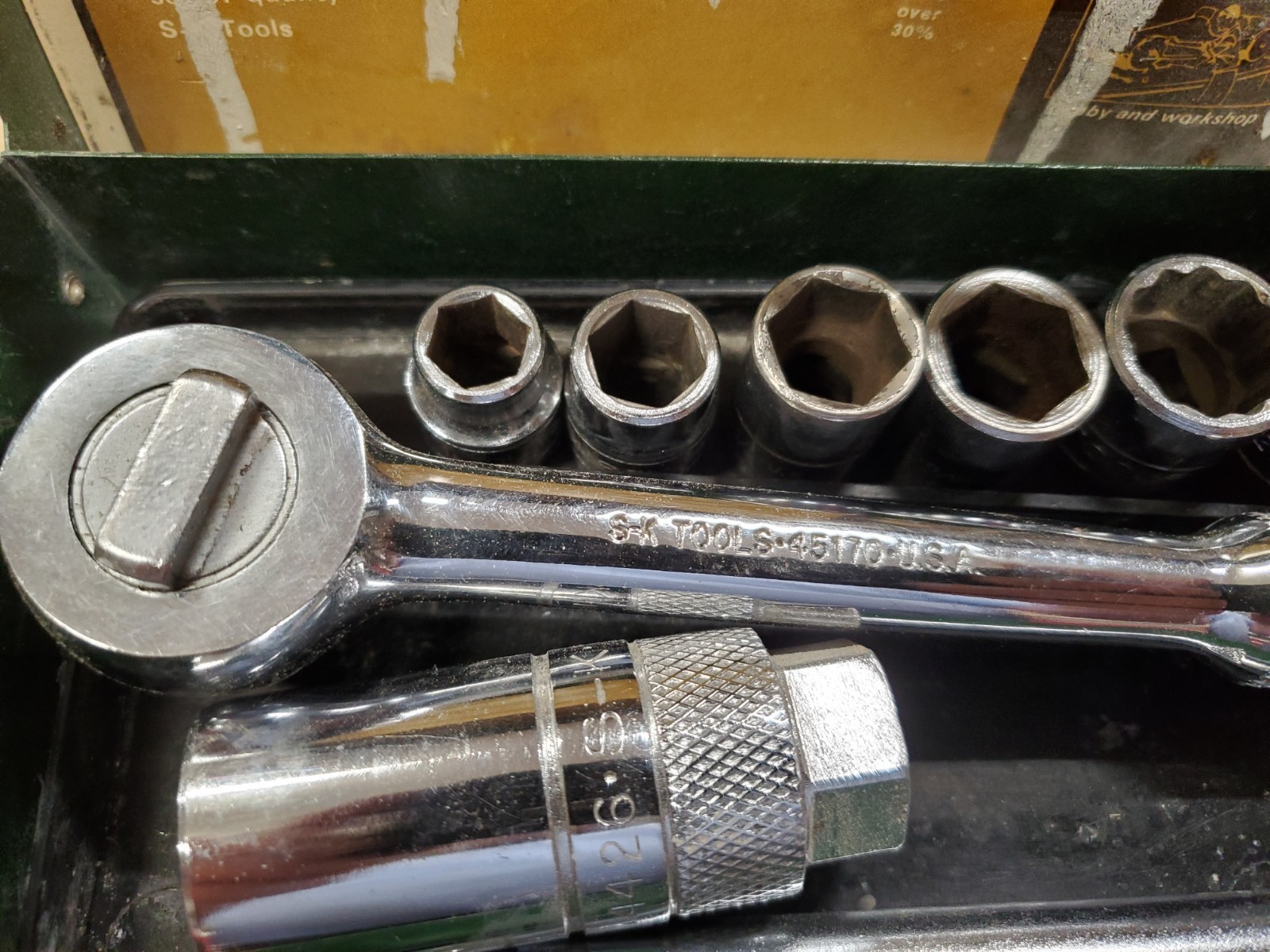 Vintage S-K Tools 3/8″ Drive Socket Set 12 Pieces Made in USA Green Box