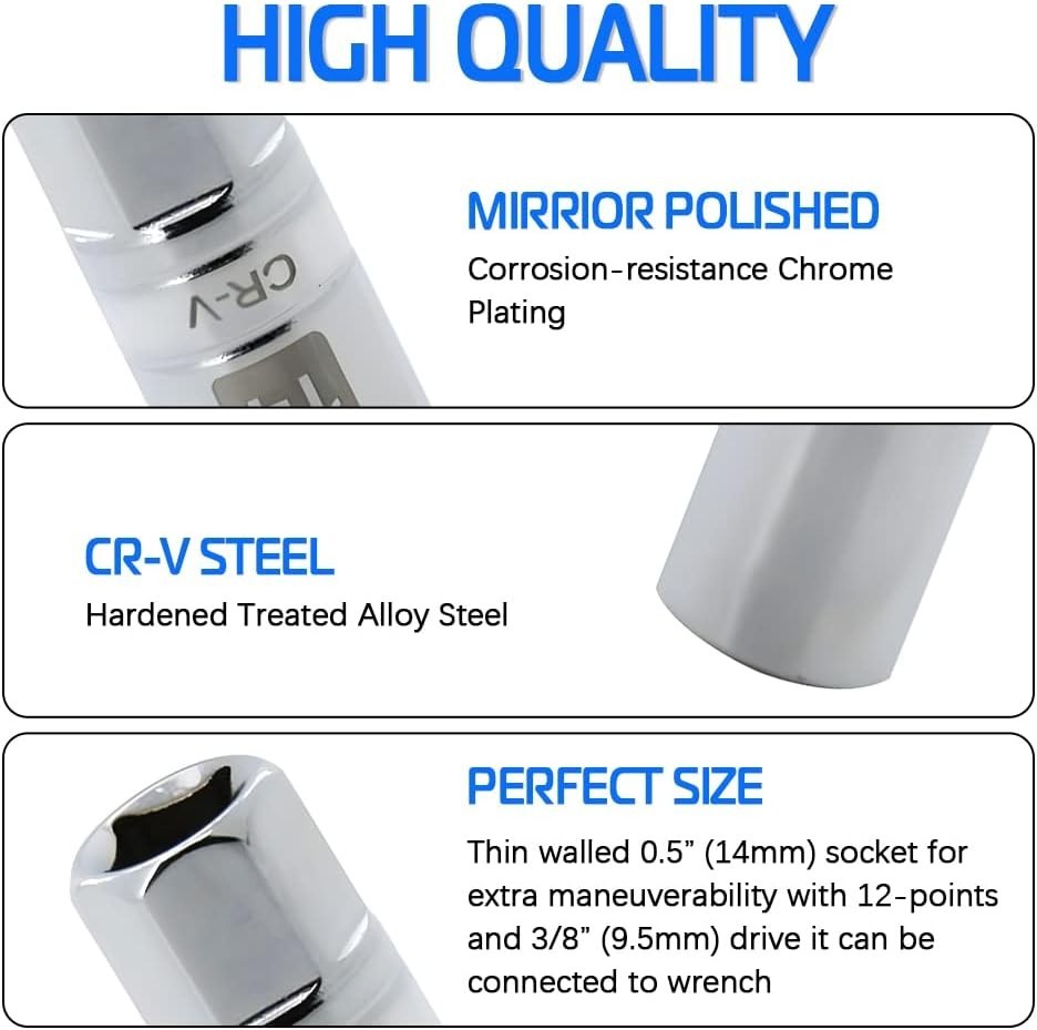 Thin Wall Magnetic Spark Plug Socket 14mm – 3/8 Drive, 12-Point Compatibility