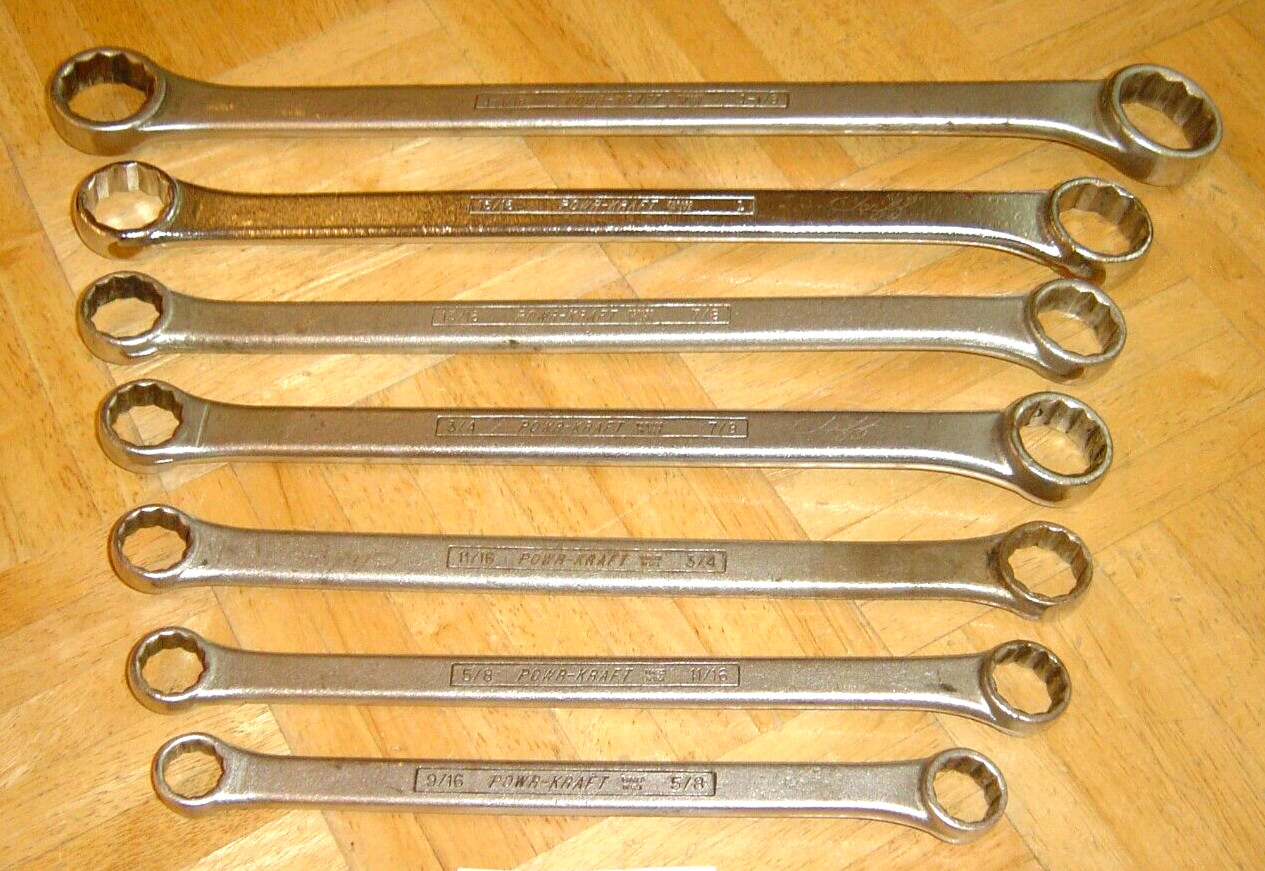 POWR-KRAFT TOOLS VINTAGE 7 PIECE SAE. BOX-END WRENCH SET 9/16 TO 1-1/8