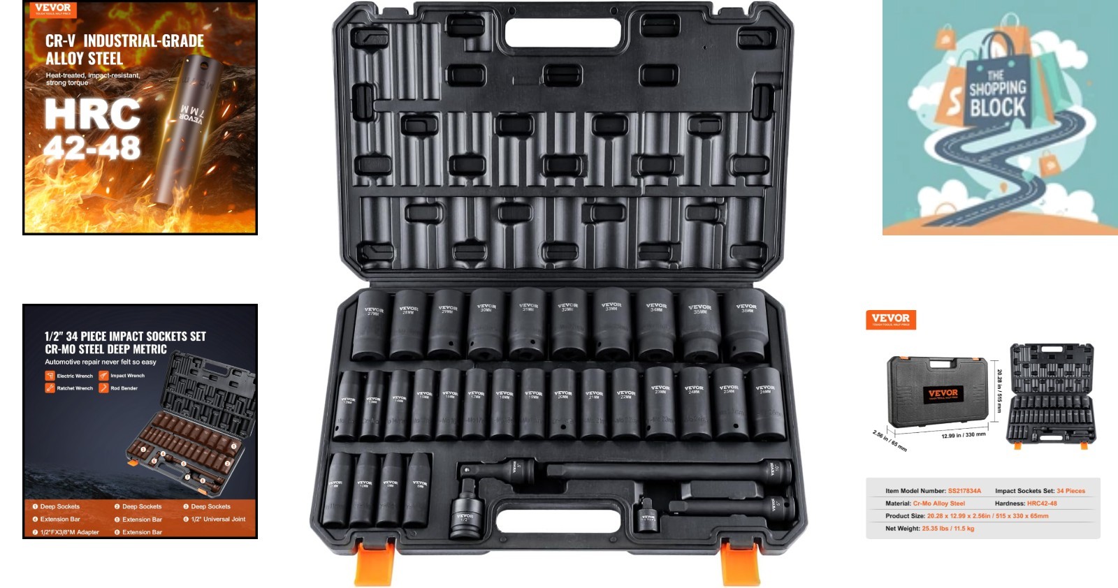 34-Piece 1/2″ Drive Impact Socket Set, Metric 8-36mm, Cr-Mo Steel