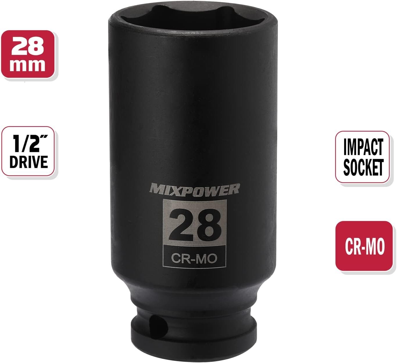 Impact Grade 28mm Deep Socket – 1/2″ Drive, Chrome Molybdenum, ANSI Compliant