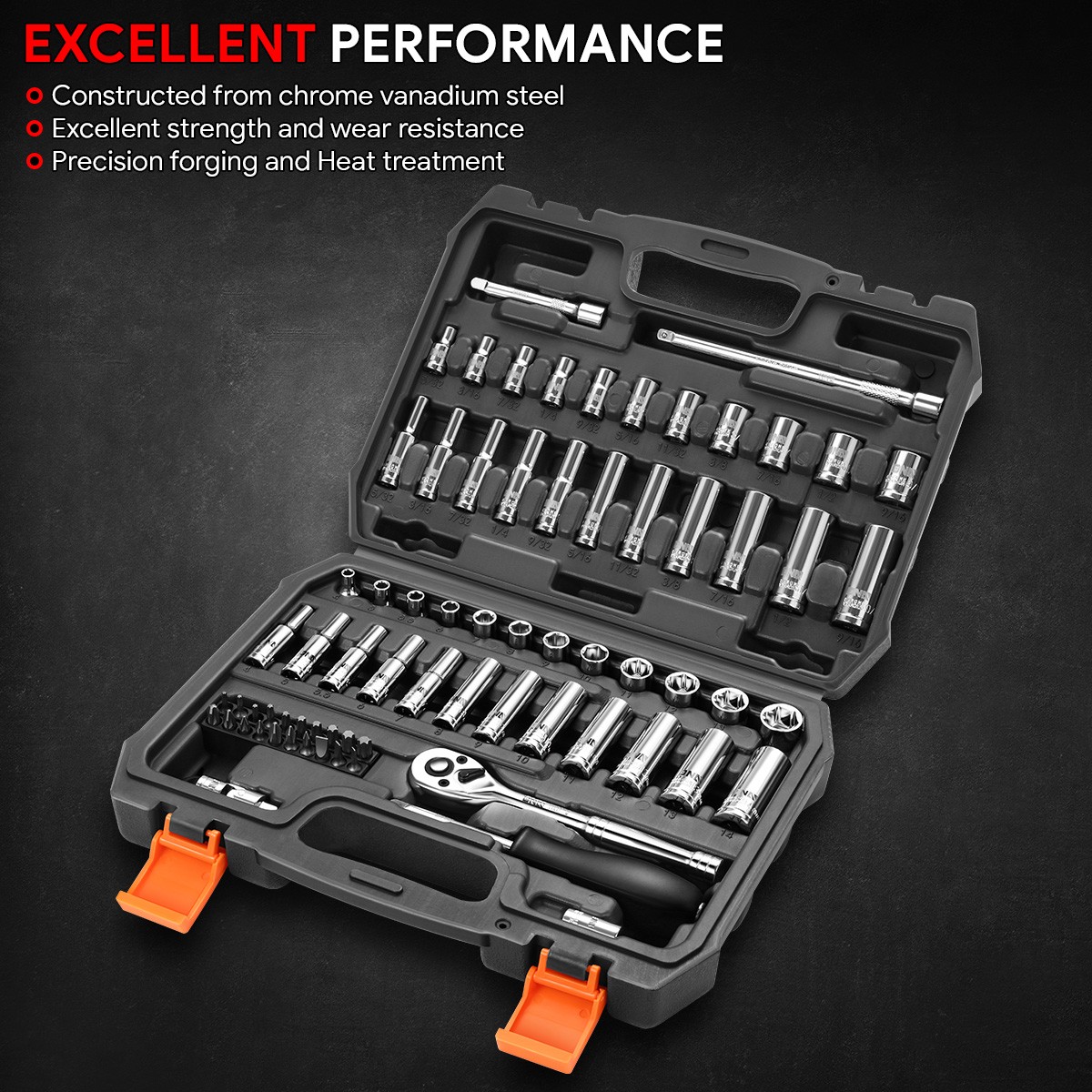 72Pcs 1/4″ Drive Socket Tool Set SAE Metric w/Ratchet & Adapter & Extension Bars