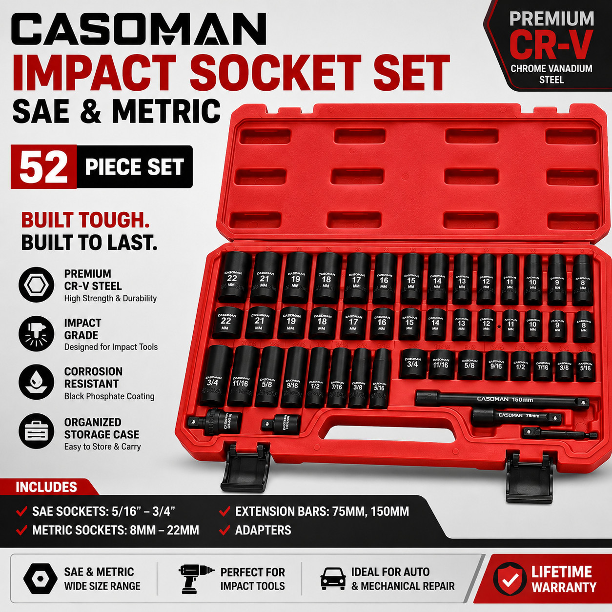 3/8 In. 49 Piece CASOMAN 6 Point Impact Socket Ratchet Drive and Metric Set
