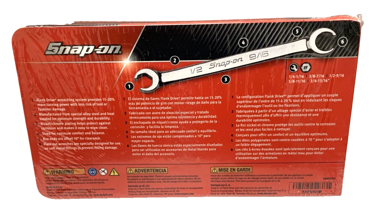 New Snap-on™ 3/8″ to 7/8″ 6-point flare nut tubing wrench RXFS1214B to RXFS2428B