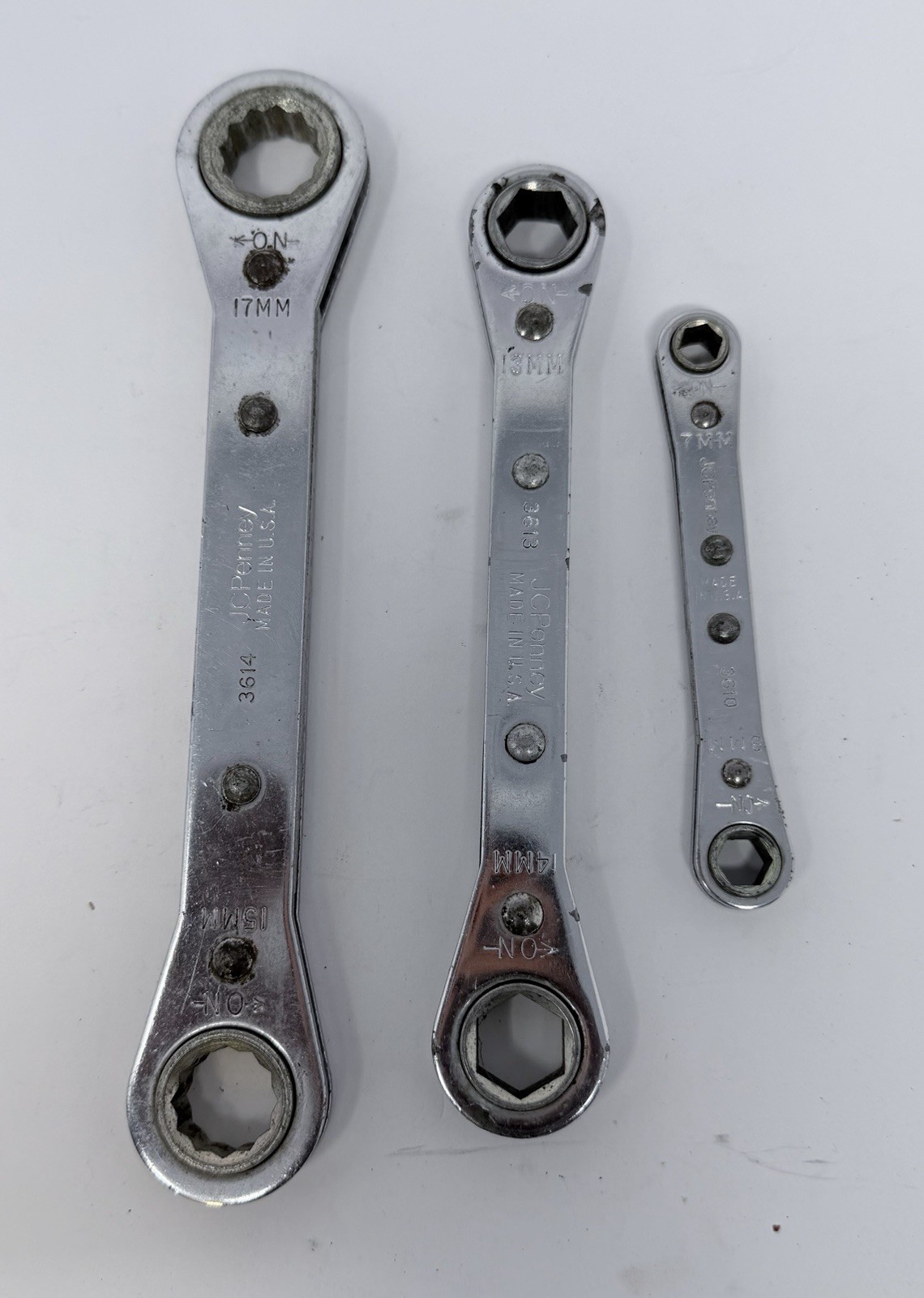 Vintage JCPenny 3Pc Ratcheting Double Box End Wrench Set SAE 7 8 13 14 15 & 17MM