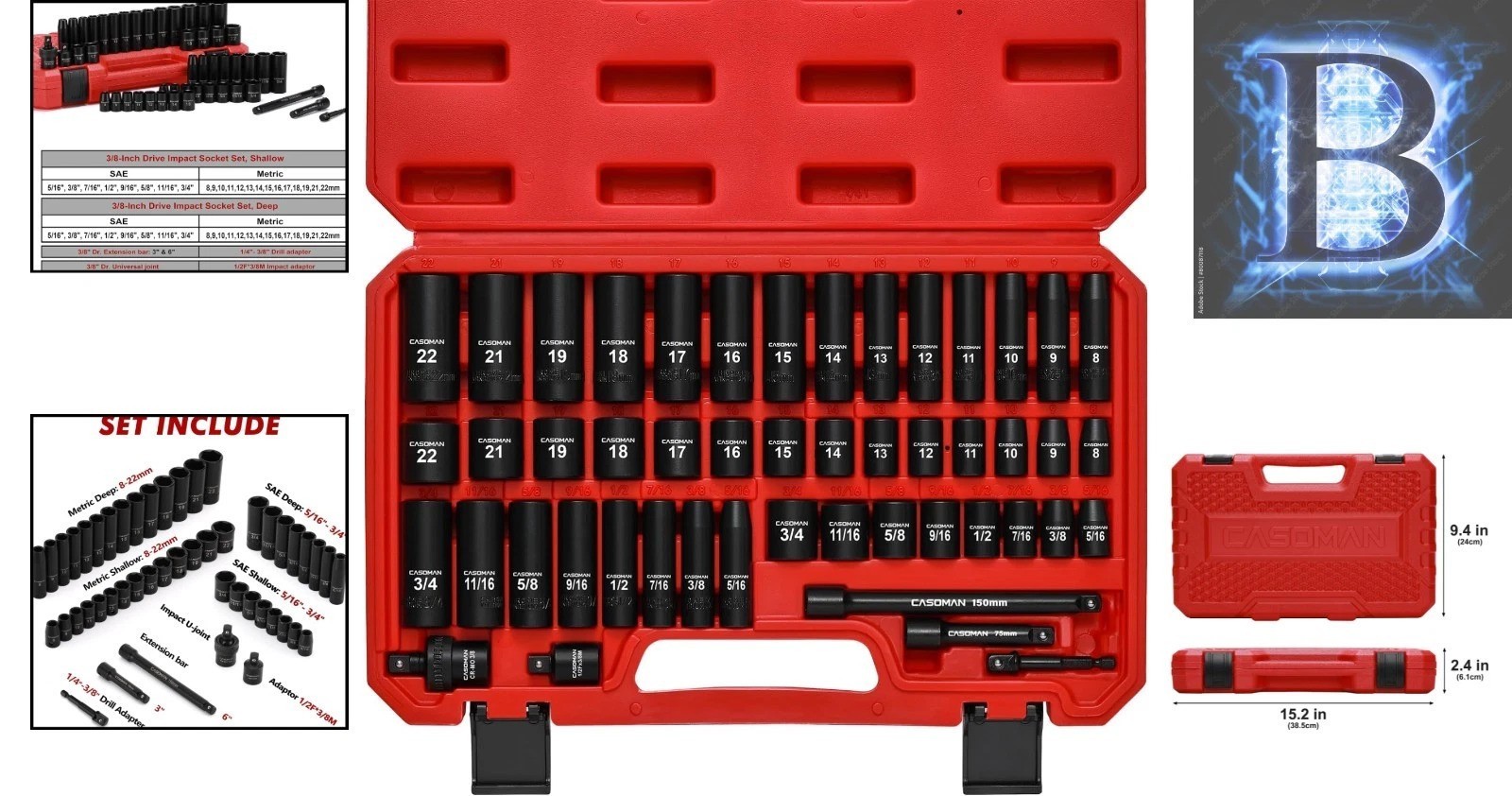49-Piece 3/8″ Drive Impact Socket Set with Chrome Vanadium Steel & Carrying Case