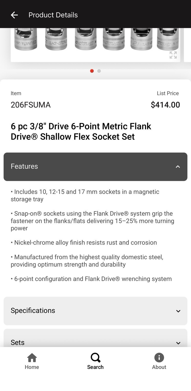 NEW 6 pc 3/8″ Drive 6-Point Metric Flank Drive® Shallow Flex Socket Set 206FSUMA