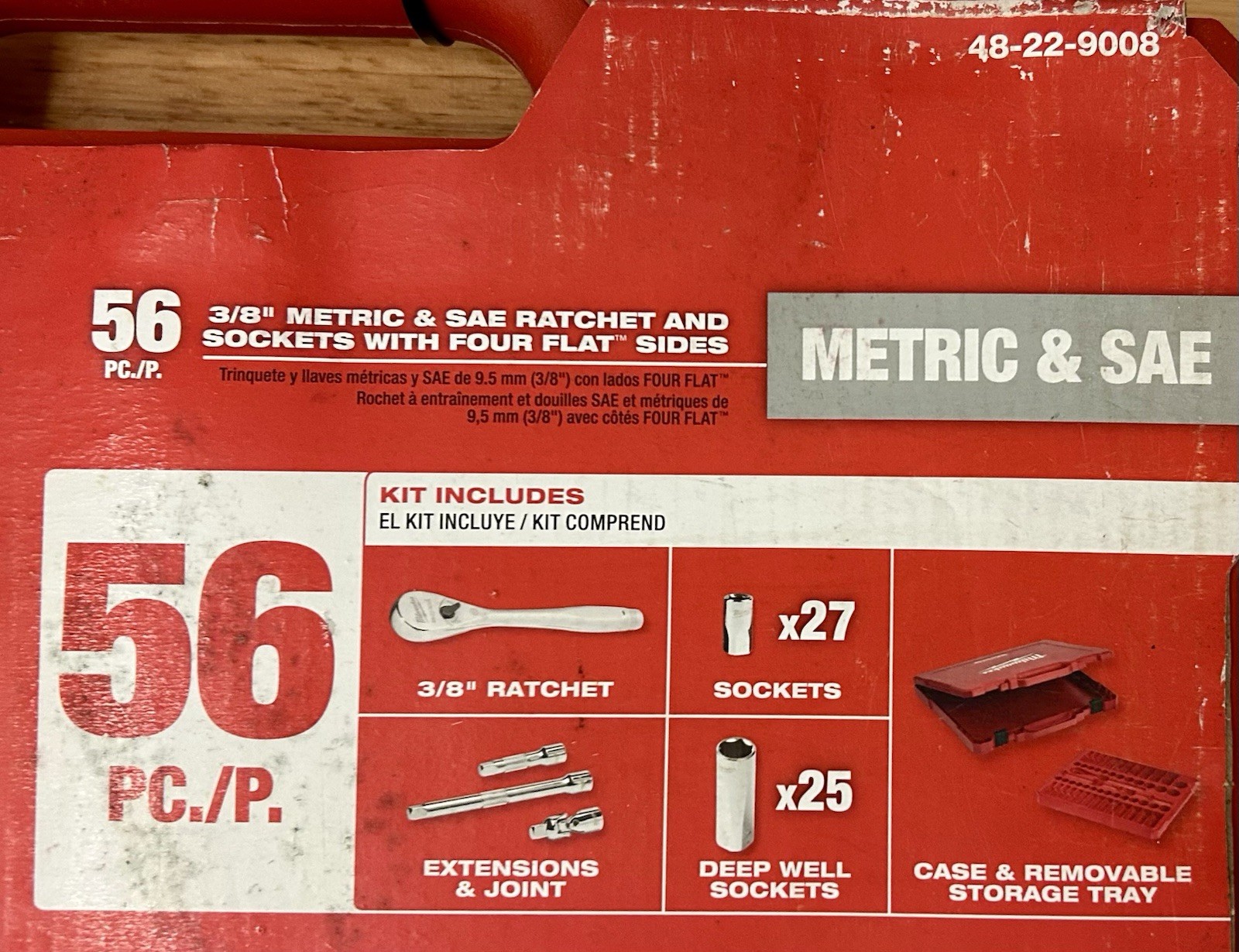 Milwaukee 3/8″ Drive 56pc Ratchet & Socket Set FOUR FLAT SIDES 48-22-9008 NEW