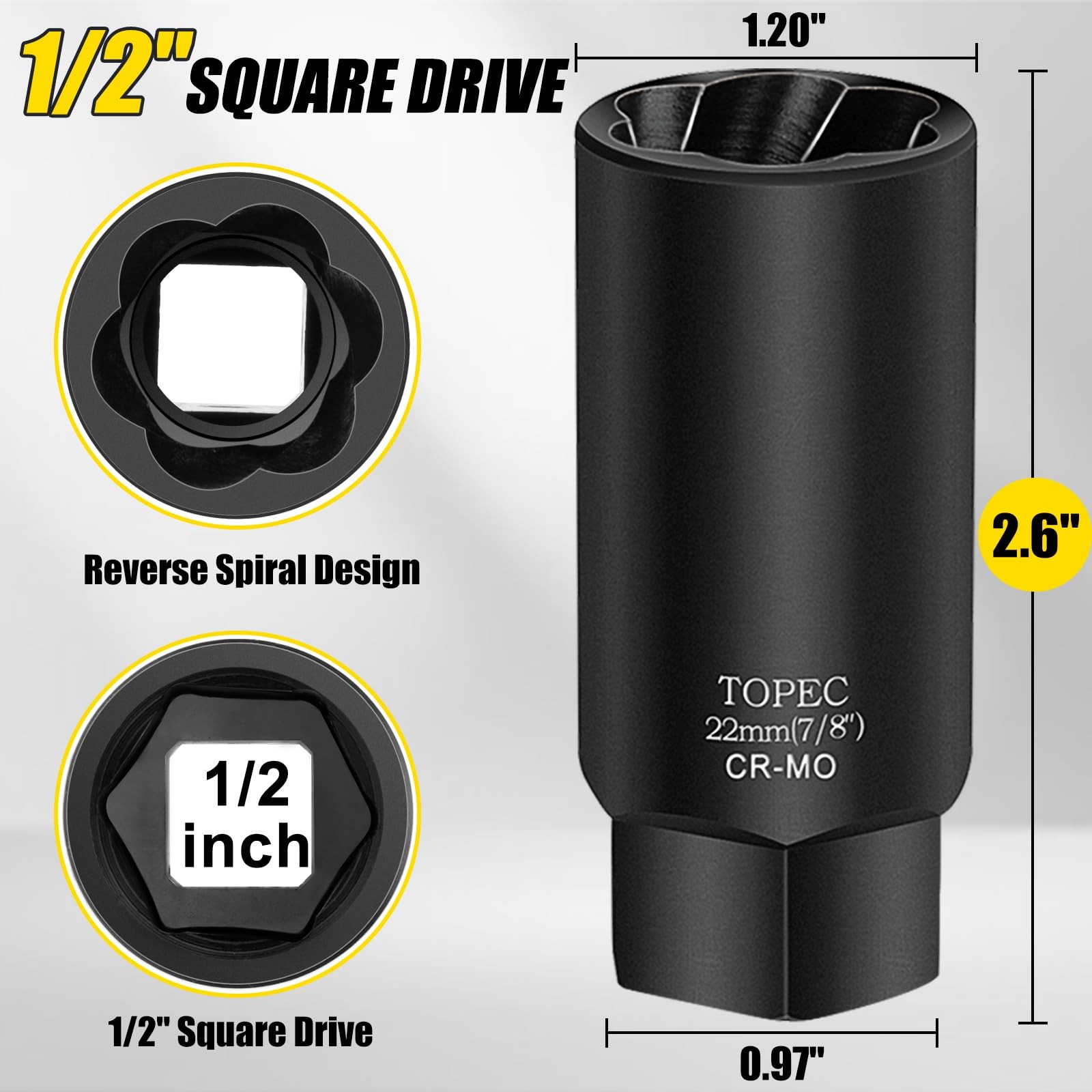 Topec 22MM Deep Lug Nut Extractor Socket – 1/2″ Drive Stripped Bolt 22mm