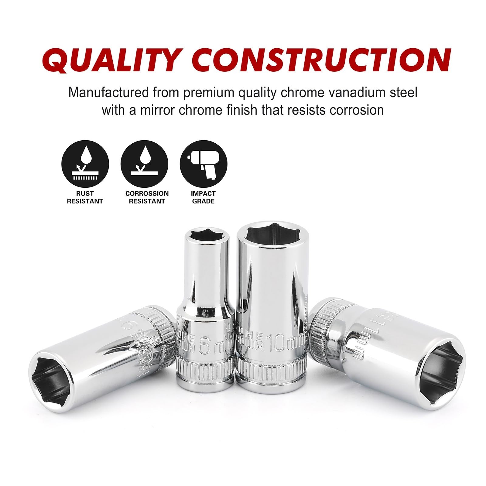 13PCS 1/4″ Drive Mid-Length Socket Set, 6-Point, Chrome Finish, Metric 4mm-15mm