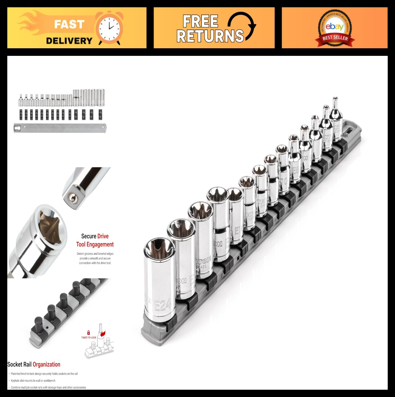 14-Piece Shallow External Star Socket Set, 3/8 & 1/2 Inch Drive with Rail, E4-E2