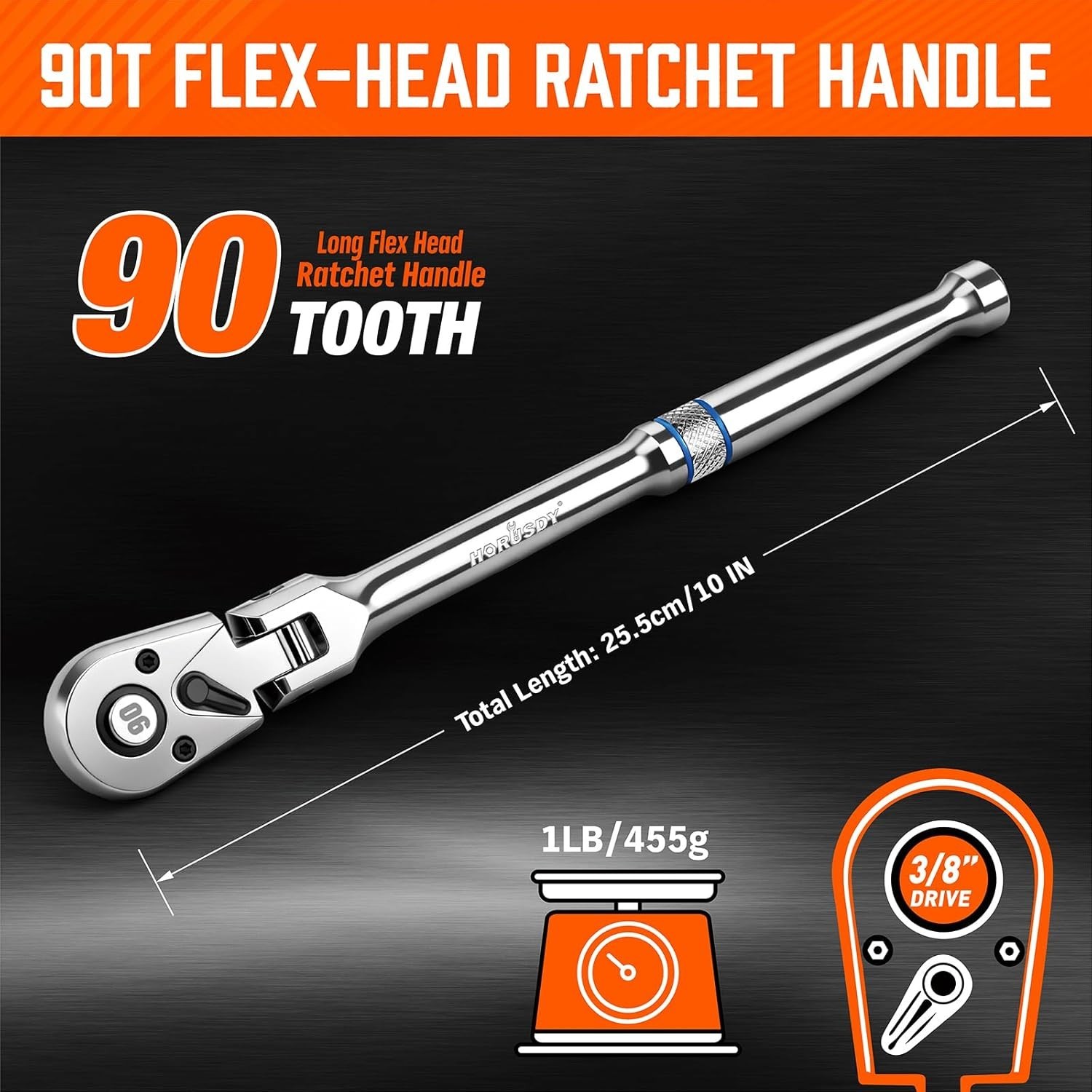 3/8″ Drive 90-Tooth Flex Head Ratchet Handle, 180° Adjustable CR-V Ratchet wi…