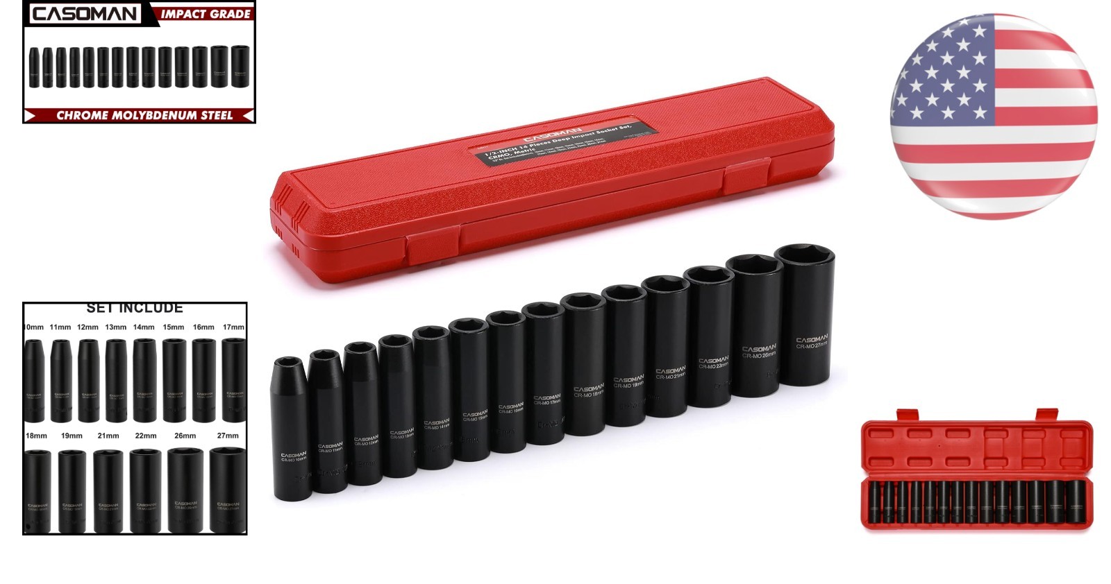 Durable Chrome Molybdenum 14-Piece Impact Socket Set with Laser Etched Sizes