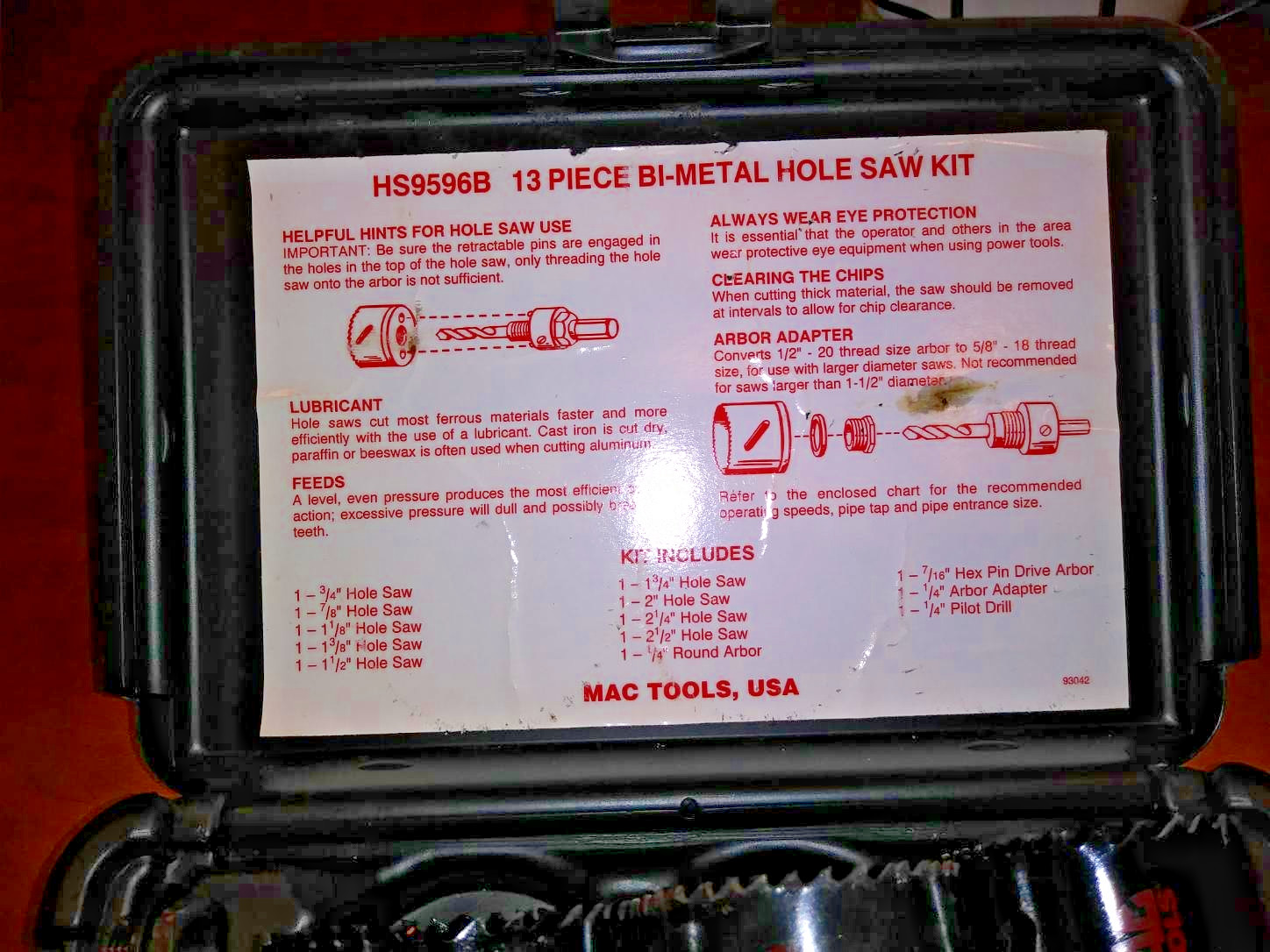 MAC-TOOLS 13 PIECE HOLE SAW KIT NUMBER HS9596B WITH CASE EXCELLENT CONDITION