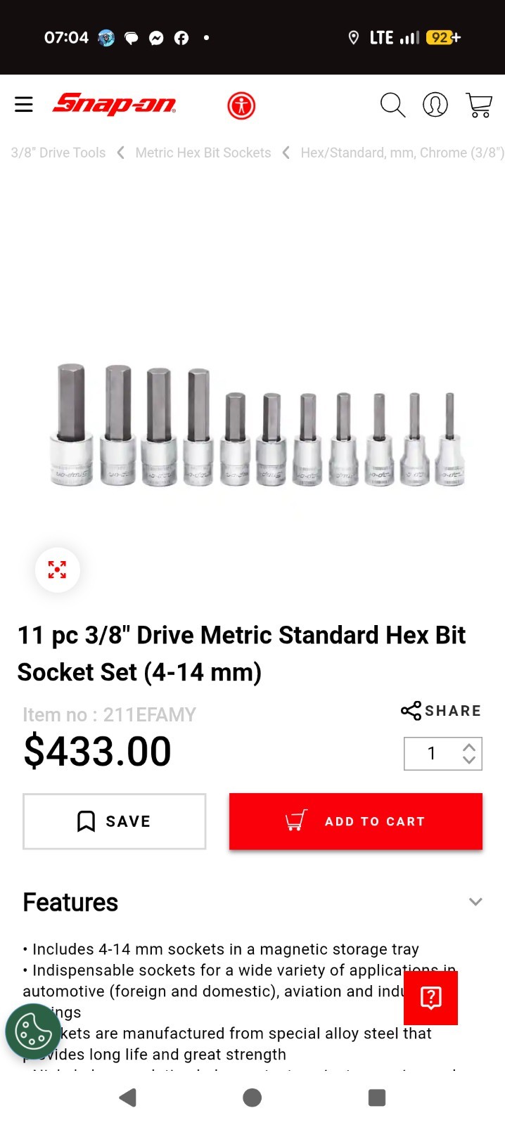 Snap On 11 Pc 3/8″ Drive Metric Standard Hex Bit Socket Set 4-14 mm 211EFAMY NEW